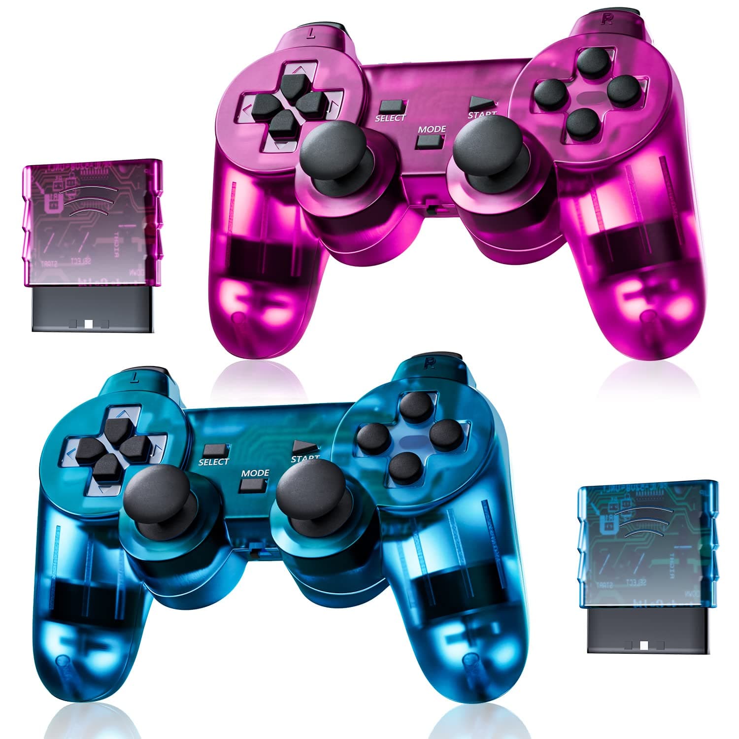 Burcica Wireless Controller for PS-2 Play 2 Double Vibration 2 - ClearBlue and ClearPurple