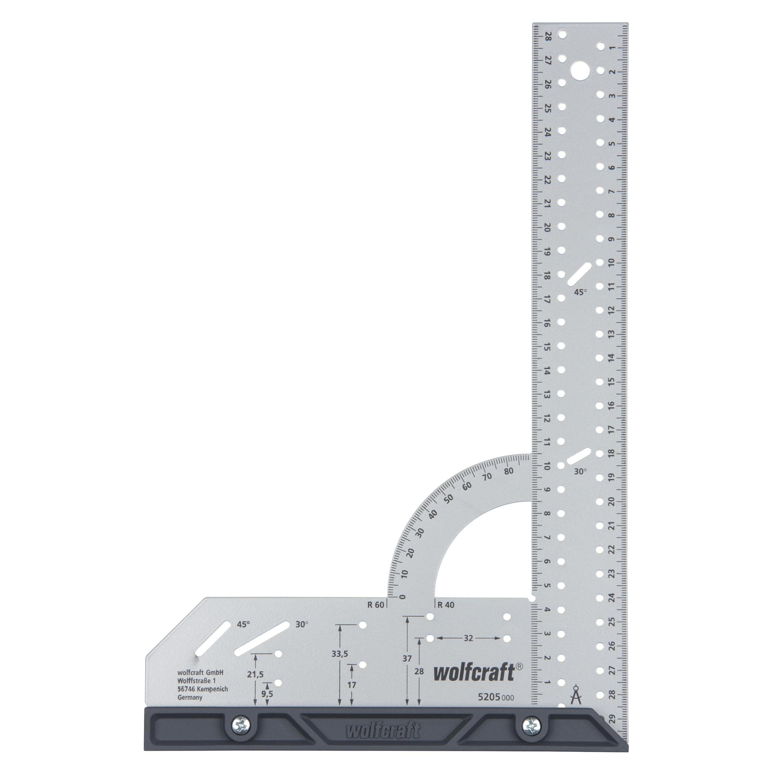 wolfcraft Universal Angle 5205000 / Protractor with 300 mm Side Length for Precise Marking and Drawing with 90° Try Angle and Removable Angle Rail