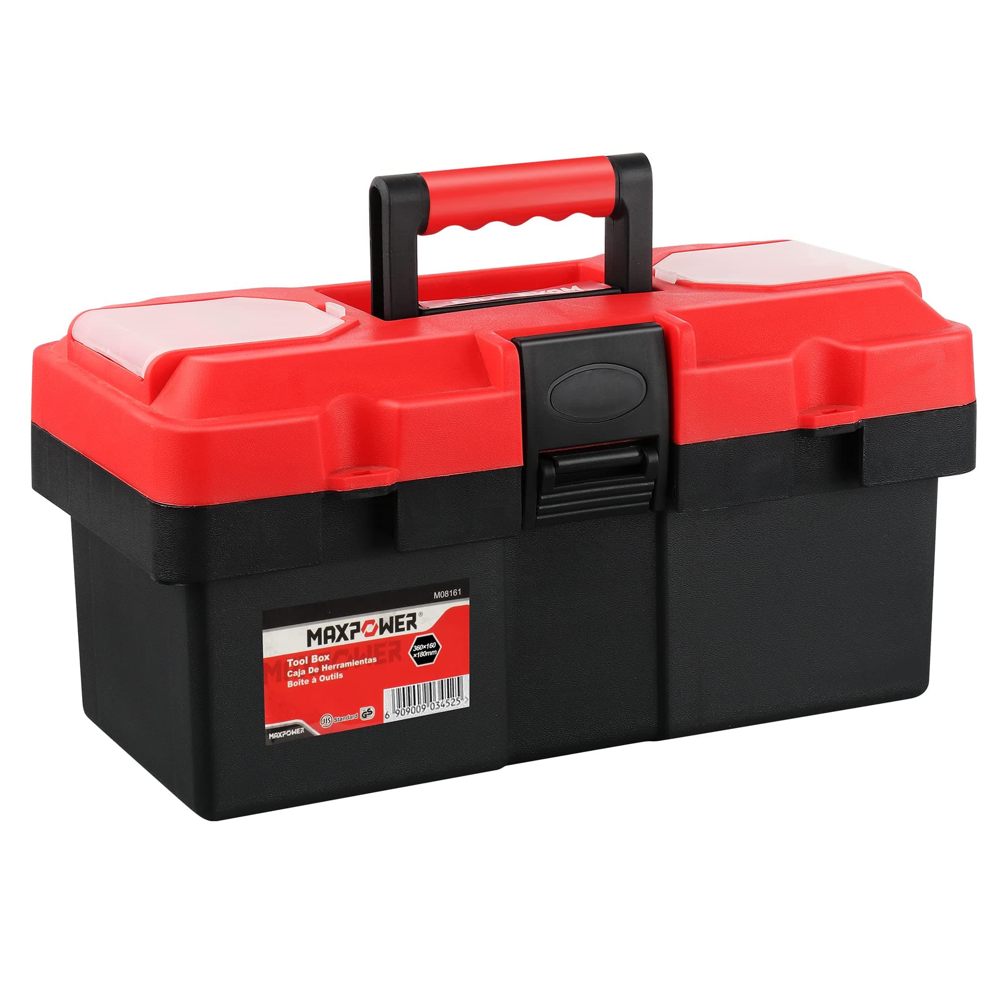 MAXPOWER Small Tool Box, 14-inch Plastic Tool Boxes with Handle, Removable Tray with Dual Lock Secured, Red Toolbox for Home
