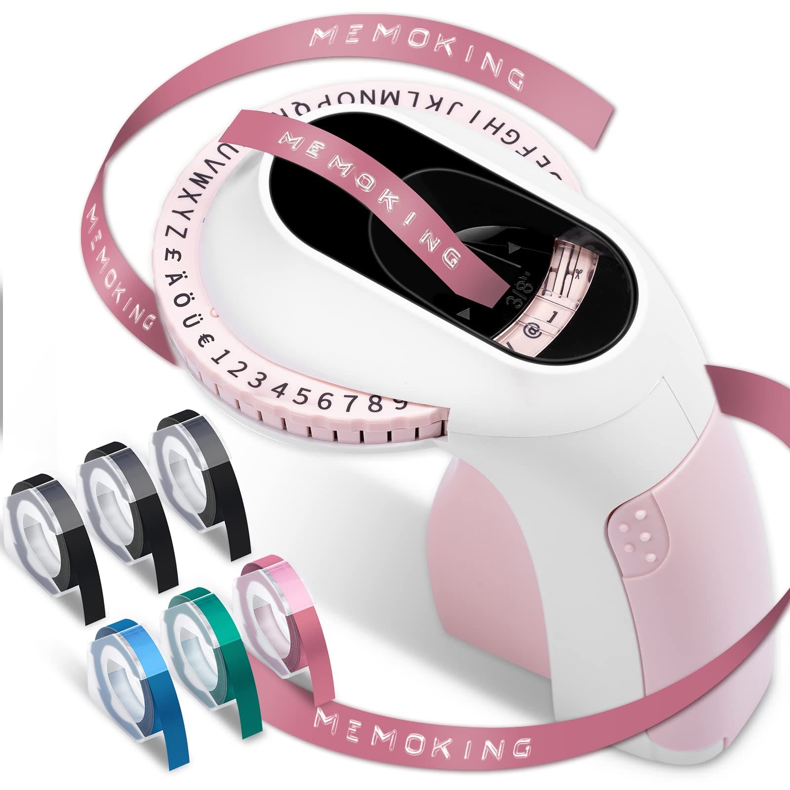 Memoking Embossed Label Maker Machine-E975 3D Embossing Label Makers with 6 Rolls Label Emboss, Handheld Vintage Embosser, Lettering Embossing Label Maker for Home, Kitchen, Gift, Organization (Pink)