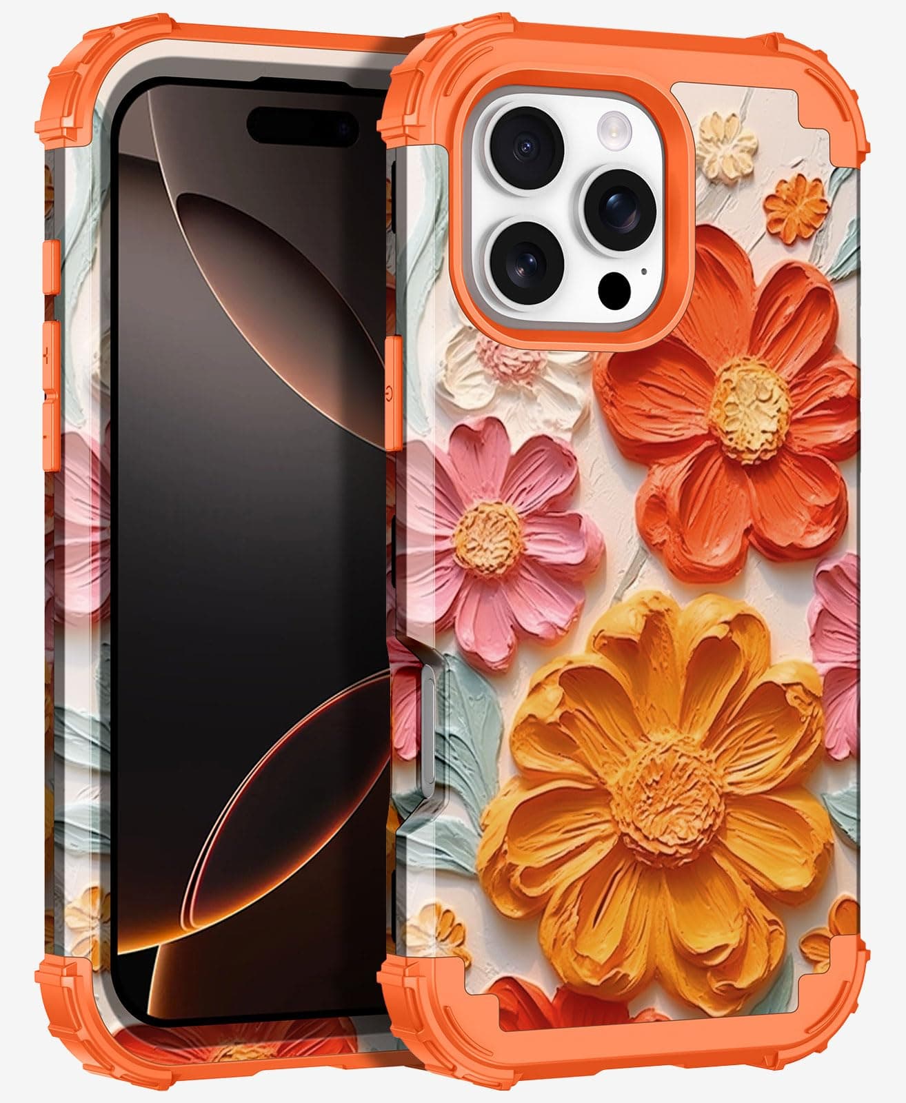 Petocase for iPhone 16 Pro Max Case Three-Layer Shockproof Heavy Duty Hybrid Sturdy High Impact Protective Cover Girls Women Flower Case for Apple iPhone 16 Pro Max 6.9 inch 2024,Orange