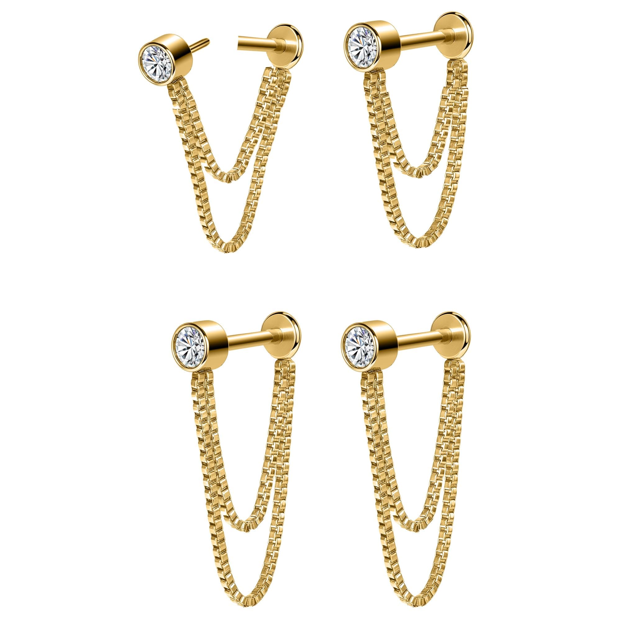 AOEDEJ2 Pairs Flat Back Stud Earrings Push In Flat Back Earrings for Cartilage Earring Chain Threadless Flat Back Earrings for Women