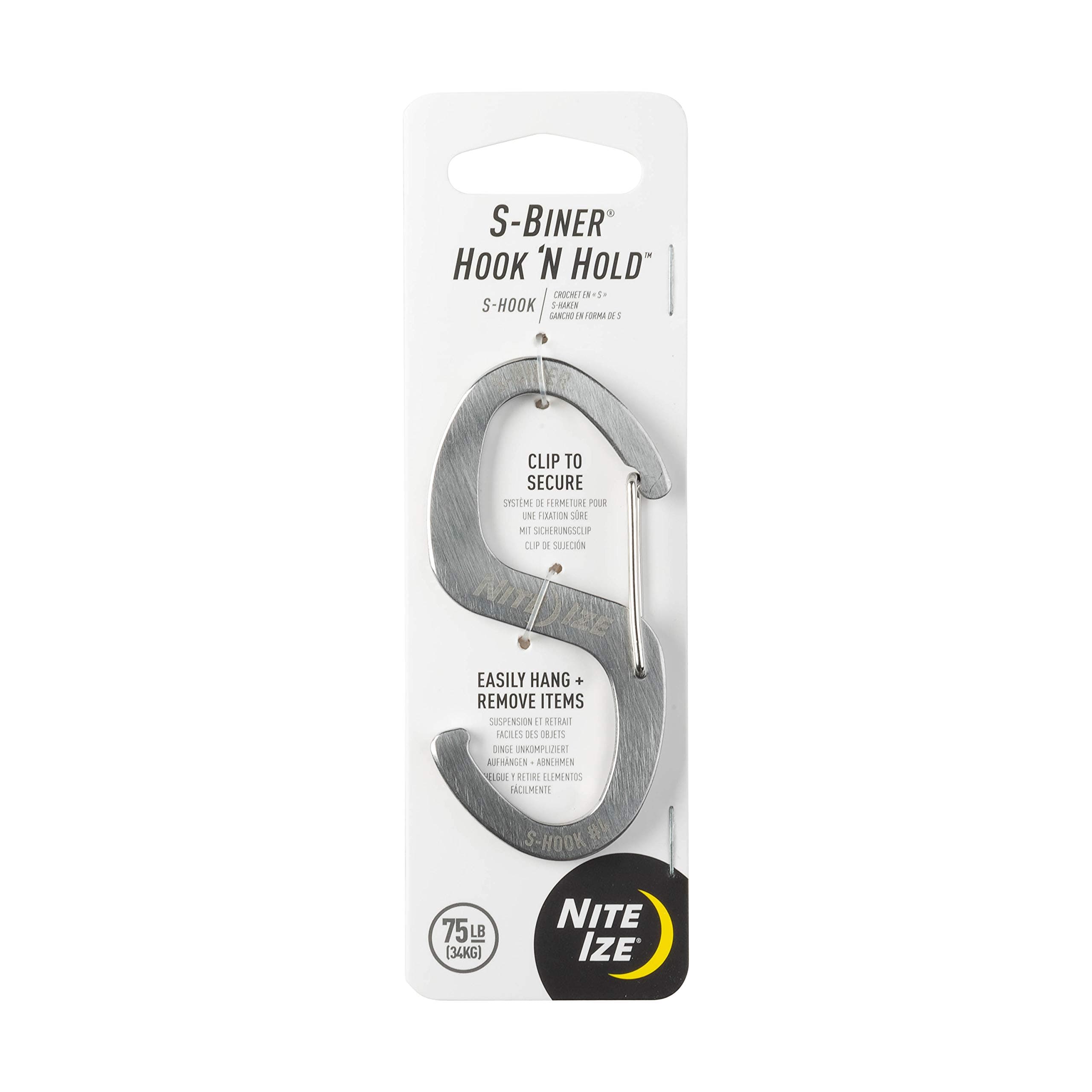 Nite IZE S-Biner Hook 'N Hold S-Hook, Stainless Steel S-Hook with Clip, Holds Pans, Tools and Plants, Stainless