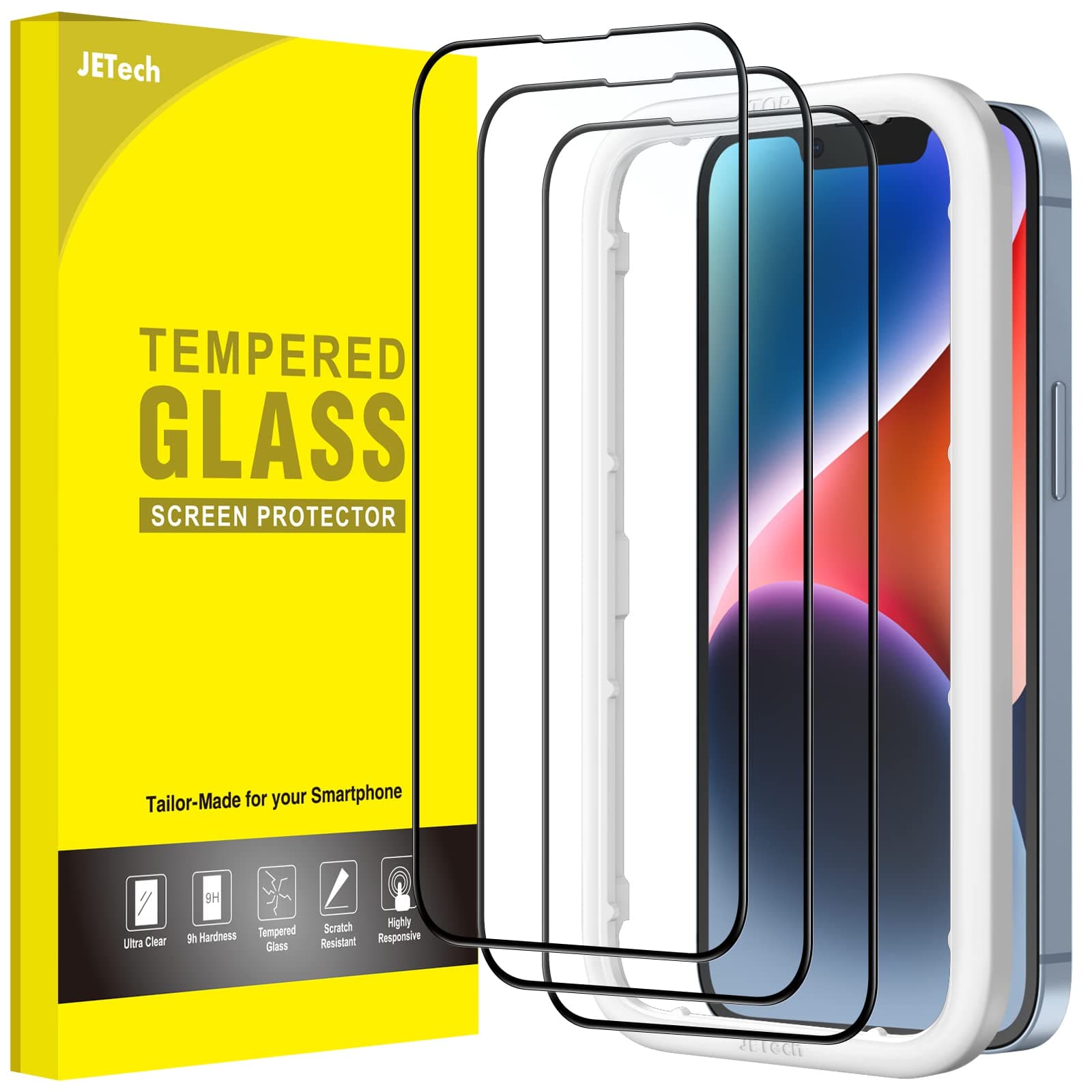 JETechFull Coverage Screen Protector for iPhone 16e 2025, iPhone 14 6.1-Inch, Black Edge Tempered Glass Film with Easy Installation Tool, Case-Friendly, HD Clear, 3-Pack