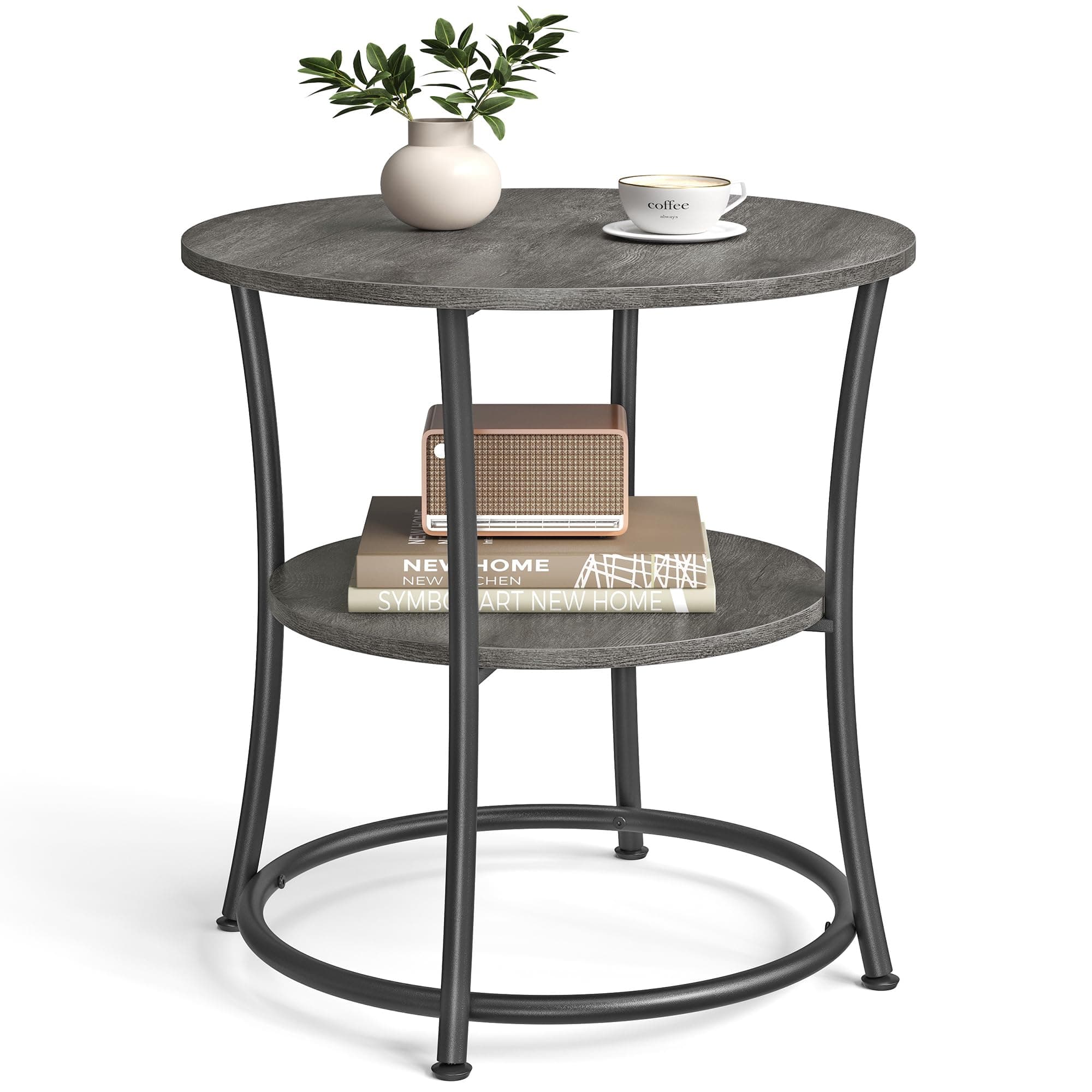 VASAGLE 21.7-Inch Round Side Table, 2-Tier End Table, Nightstand with Steel Frame, Spacious Top, for Small Spaces, Living Room, Bedroom, Misty Gray and Ink Black ULET056G68