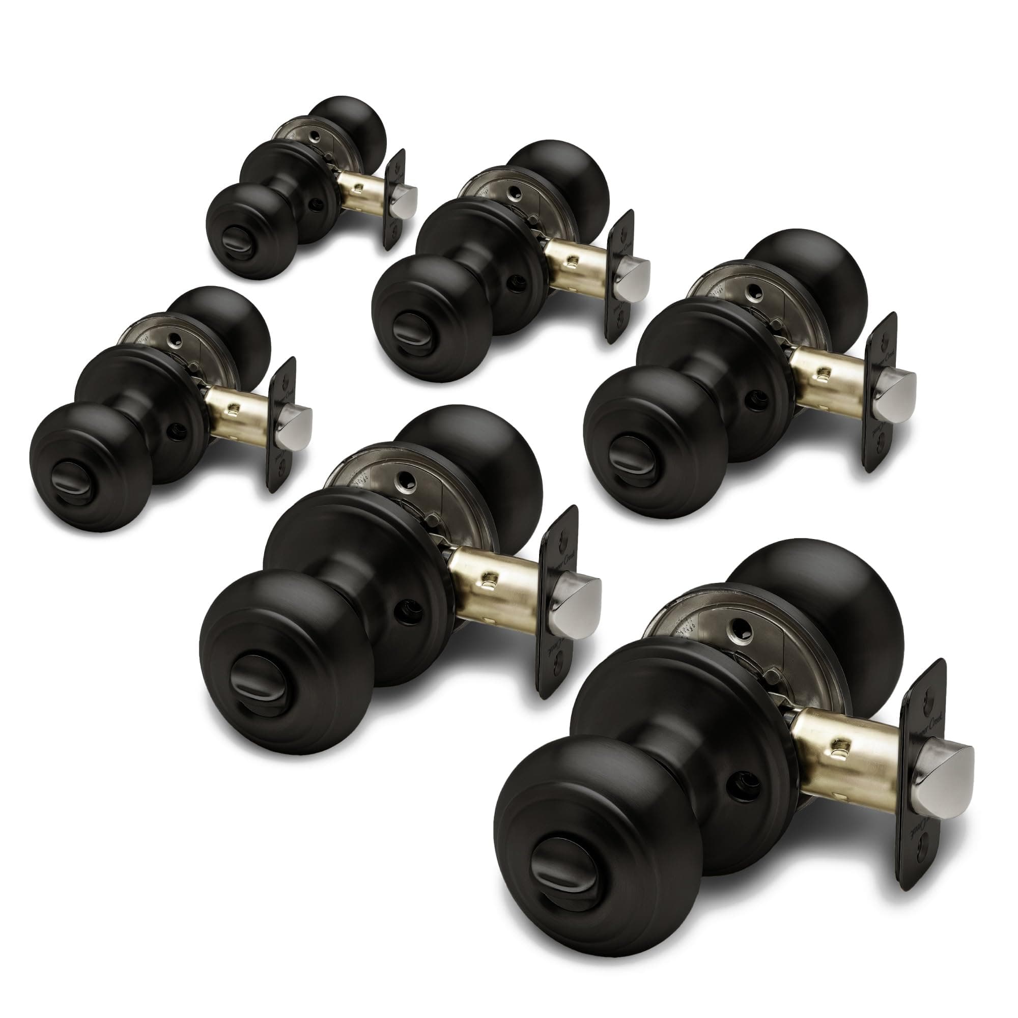 Copper Creek Matte Black Door Knobs - Round Colonial Knob with Privacy Locking Function for Home Improvement, 6 Pack - Fits All Standard Doors - Locking Door Knob for Bedroom and Bathroom Use