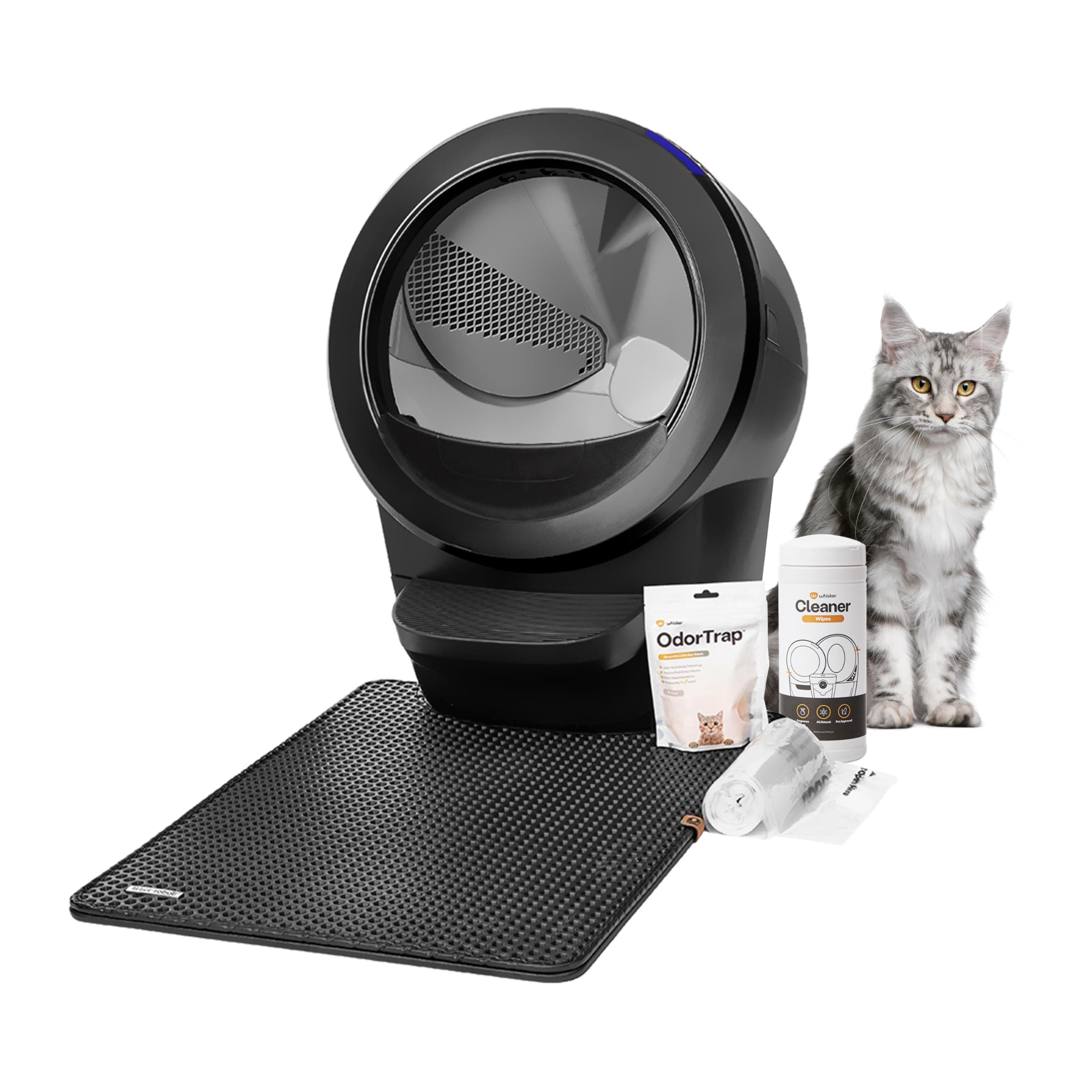 Litter-Robot 4 Core Bundle by Whisker, Black - Automatic, Self-Cleaning Cat Litter Box, Includes Litter-Robot 4, 6 OdorTrap Refills, 25 Liners, 30 Cleaner Wipes, Mat & Fence