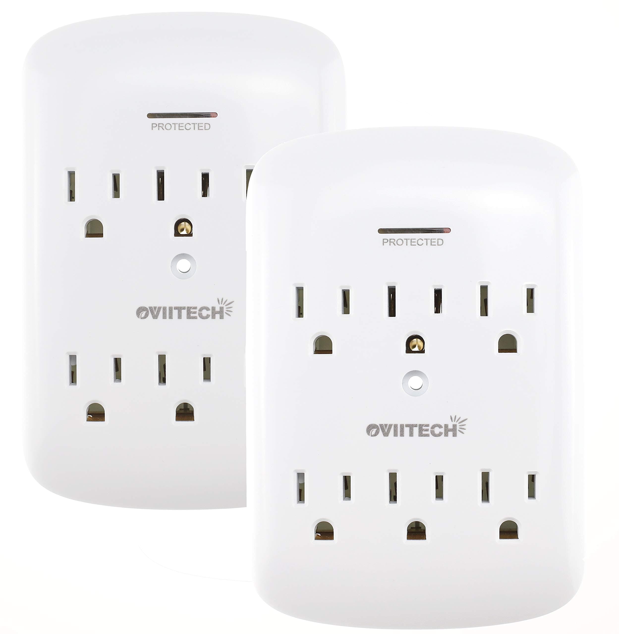 OviiTech 6 Grounded outlet Plug，Surge Protector Wall Mount Adapter, 1200 Joules,Space Saving Design, Blue LED Surge Indicator，White,2 Pack