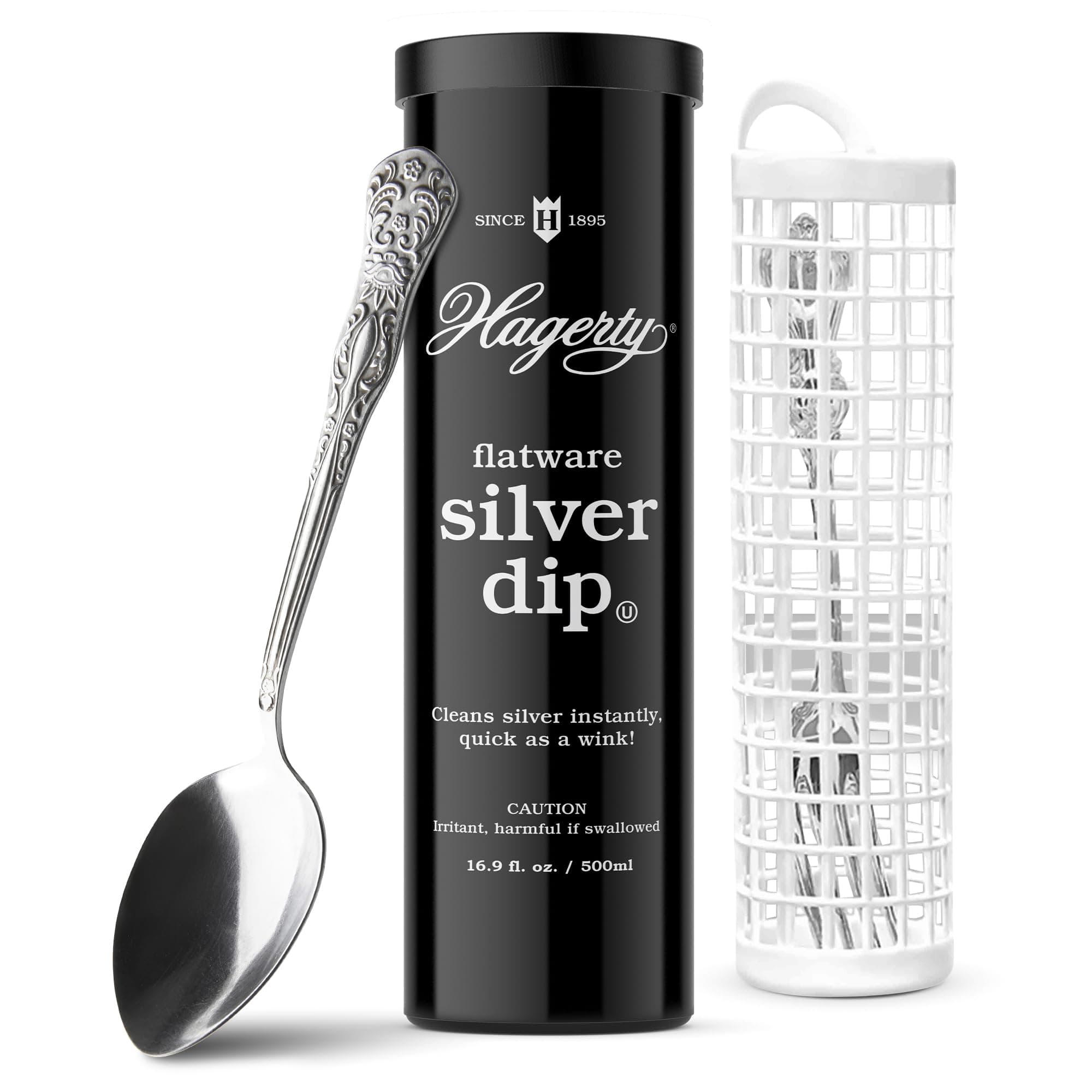 Flatware Silver Dip - Silverware Cleaner with Basket for Silver Forks, Knives, Spoons, and Plates, Removes Tarnish Effortlessly - Black, 16.9 Fl Oz Container