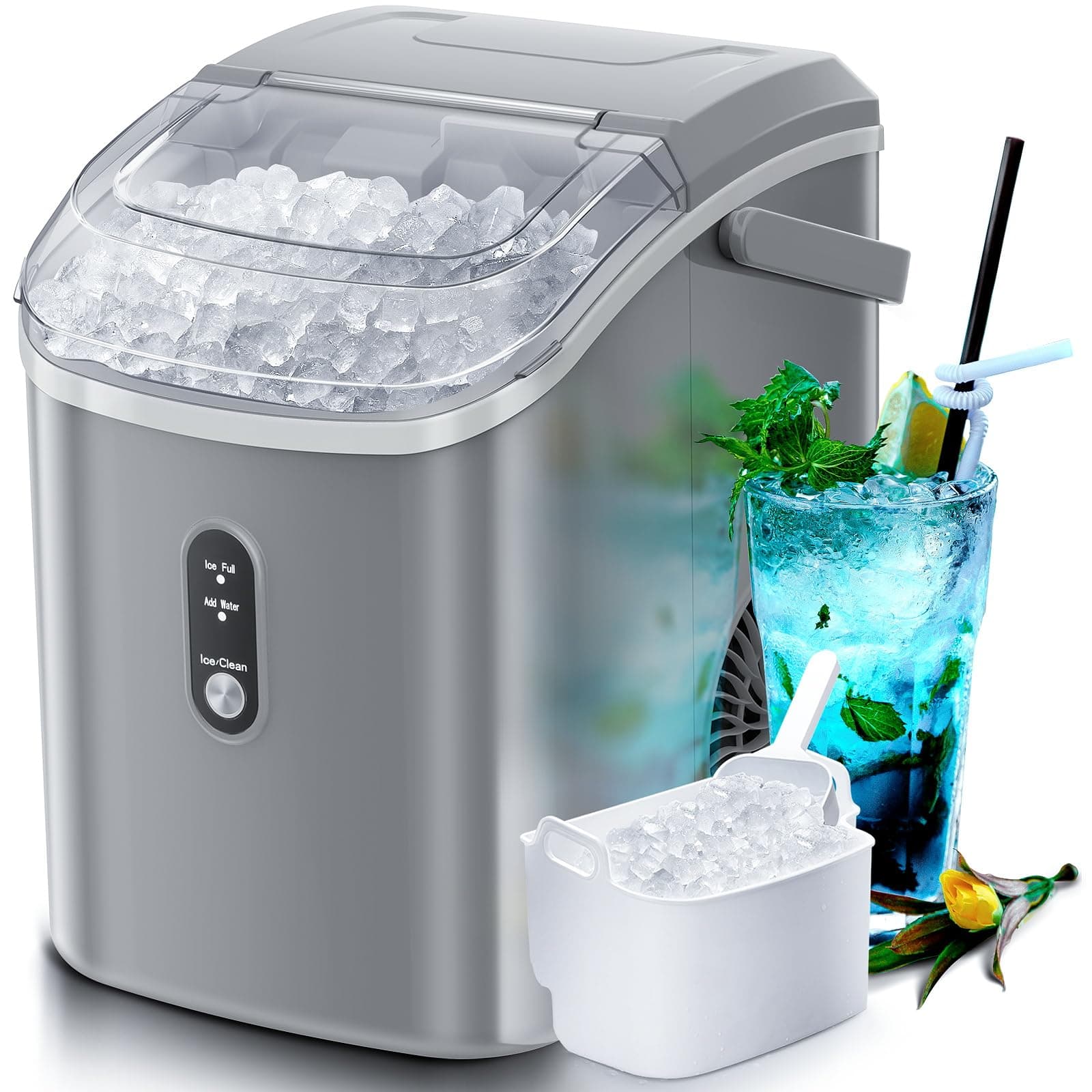 Nugget Countertop Ice Maker with Soft Chewable Ice, 34LBS/24H,Pebble Portable Machine Scoop, Self-Cleaning, One-Click Operation,Sonic Ice, for Kitchen,Office,Bar Gray
