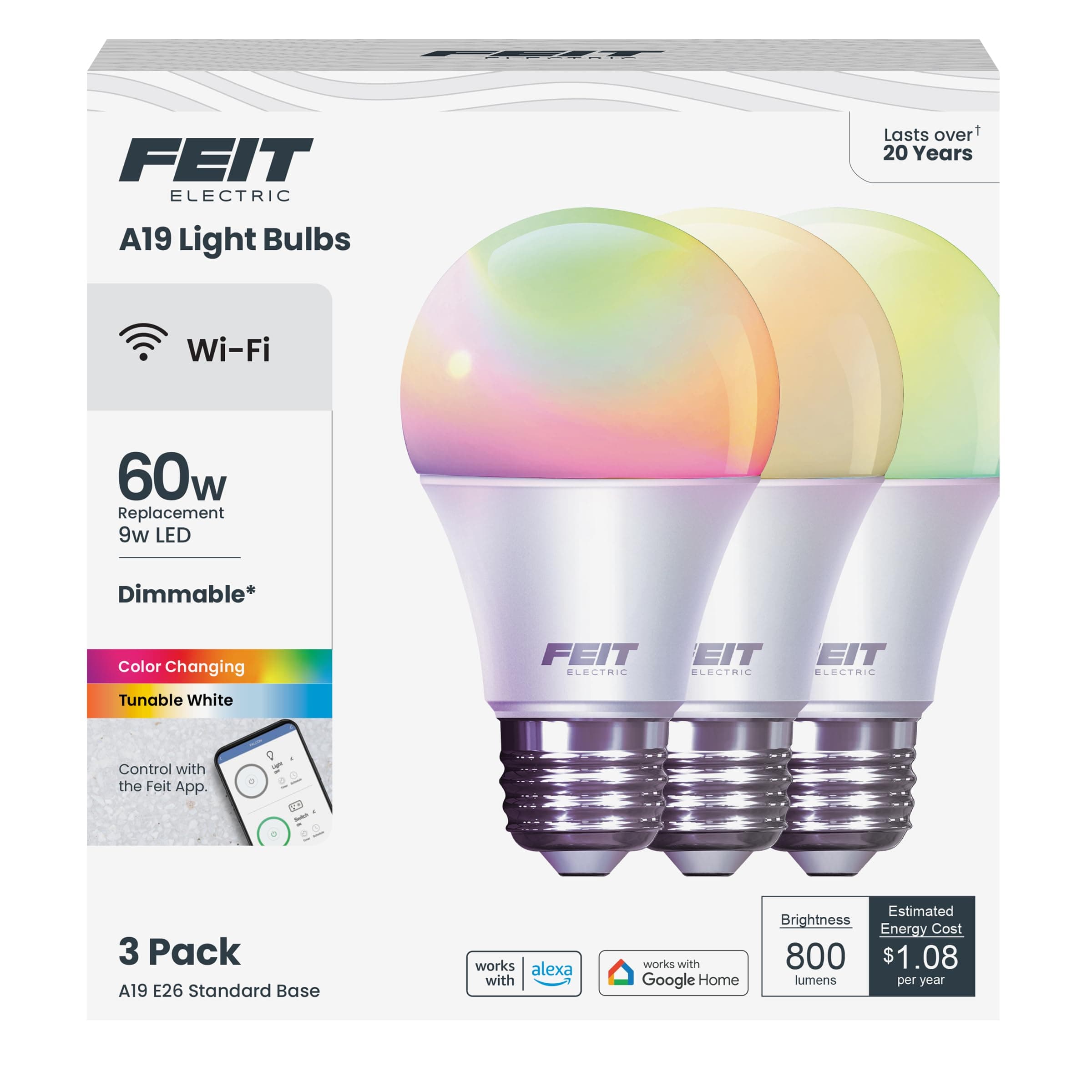 Feit Electric OM60/RGBW/CA/AG/3 60 Watt Equivalent WiFi Color Changing and Tunable White, Dimmable, No Hub Required, Alexa or Google Assistant A19 LED Smart Light Bulb, 3-Pack, Rgbw Multicolor, 60W