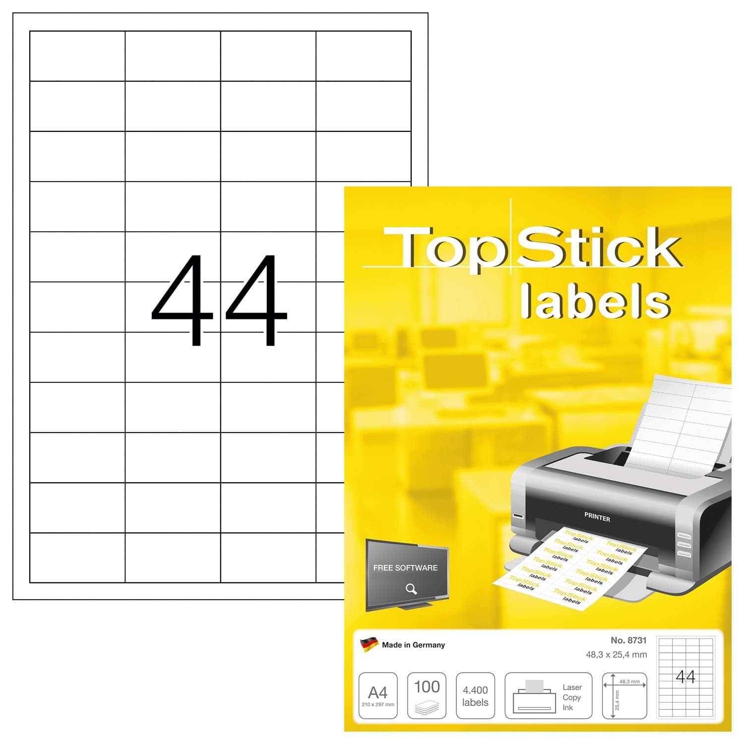 TopStick 8731 Multi-Purpose Labels, 44 Labels Per A4 Sheet, 48.3 x 25.4 mm, 4400 Labels, Self Adhesive, Small Stickers for Laser and Inkjet Printers, White