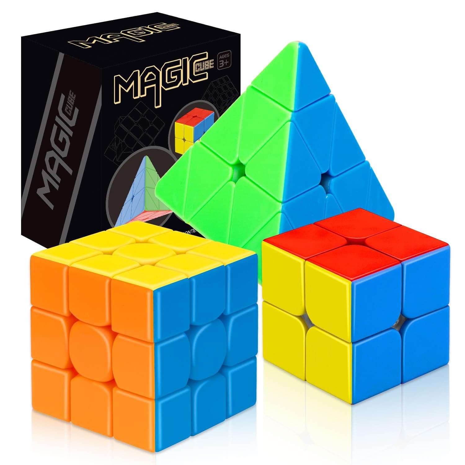 Speed Cube Set 3 Pack - Magic Cube Set with 3x3 & 2x2 Speed Cubes, Pyramid Cube - Smoothly Collection for Kids, Teens & Adults