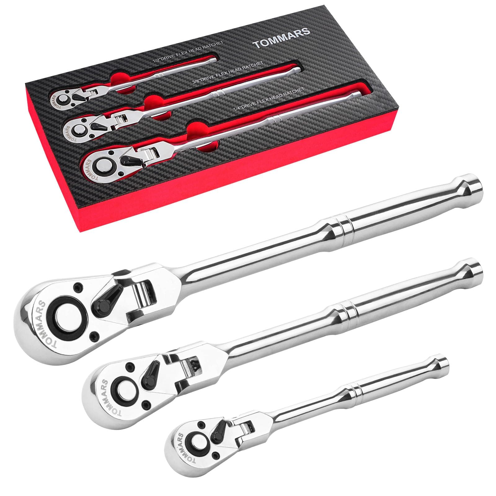 Flex-Head Ratchet Set, 1/4", 3/8", 1/2" Drive Flexible Ratchet Handle Wrench 72-Tooth Quick-Release Reversible