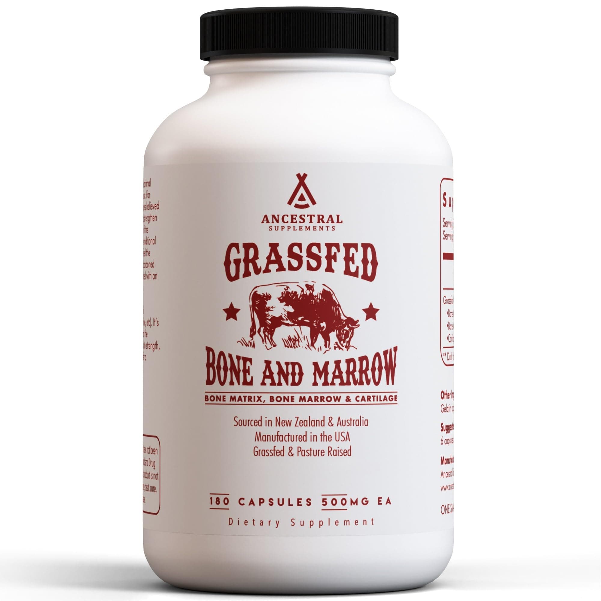 Ancestral Supplements Grass Fed Beef Bone and Marrow Supplement, 3000mg, Skin, Oral Health, and Joint Support Supplement, Promotes Whole-Body Wellness, Non GMO Whole Bone Extract, 180 Capsules