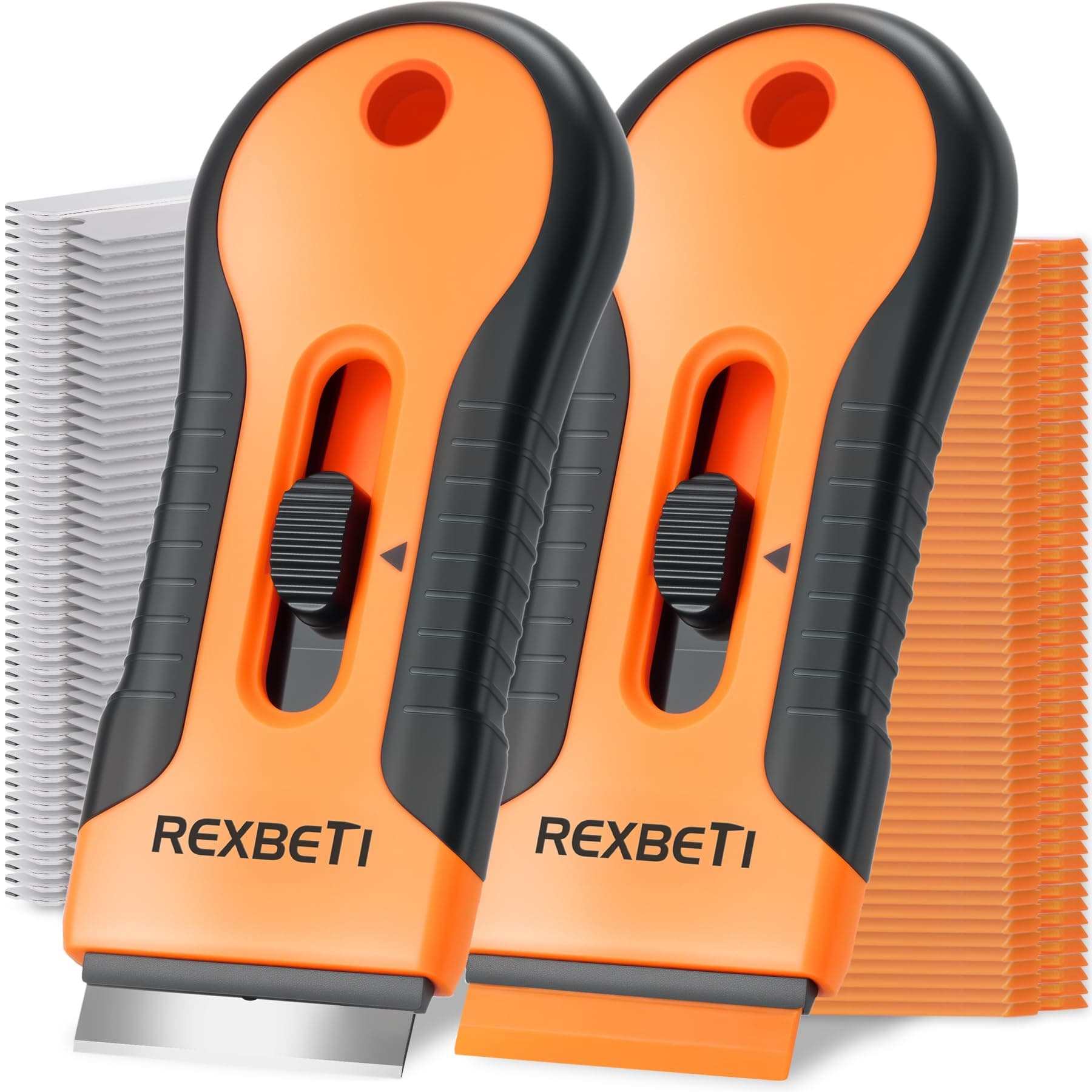 REXBETI Razor Blade Scraper Tool, 2 Pack Razor Scraper Set with Extra 80Pcs Razor Blades -30Pcs Metal and 50Pcs Plastic Blades, Cleaning Scraper Tool, Cooktop, Paint, Glass Scraper