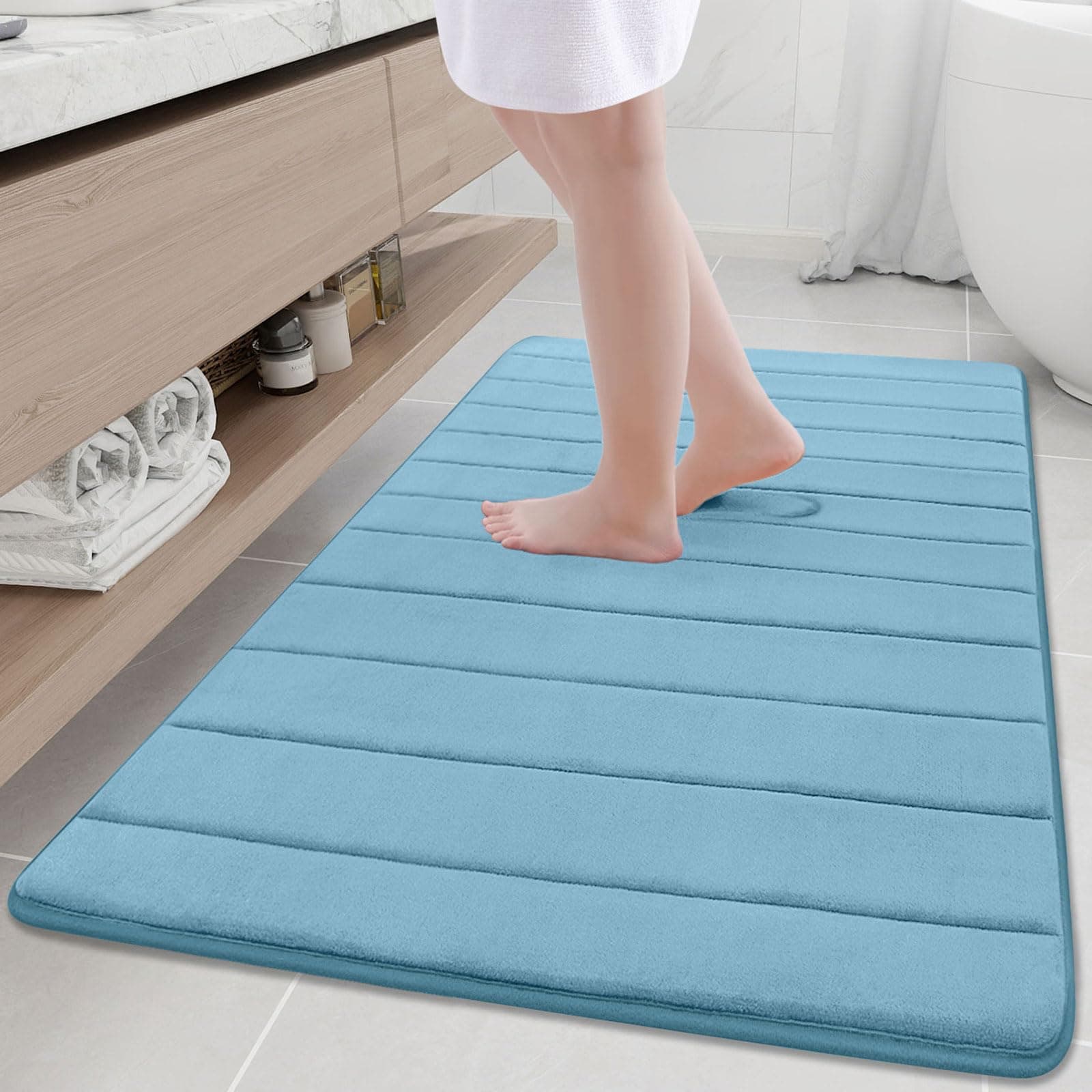 Buganda Memory Foam Bath Mat, 47" x 32", Ultra Soft and Non-Slip Bathroom Rugs, Water Absorbent and Machine Washable Bath Rug Runner for Bathroom, Shower, and Tub, Blue