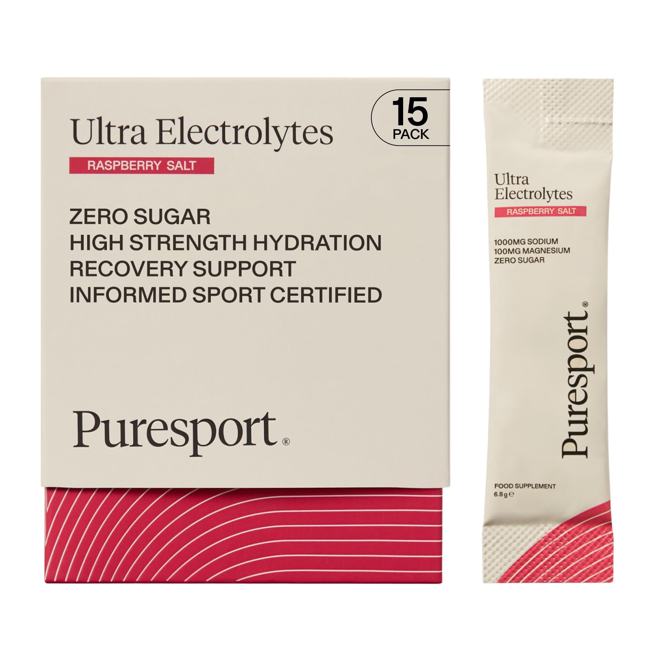 Puresport Ultra Electrolytes Hydration Raspberry Salt (15 Pack), High Performance Sugar Free Electrolytes Powder, 1000mg Sodium, Optimise Hydration & Support Muscles, Travel-Friendly Format
