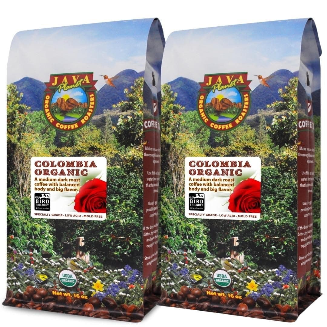 Java Planet Low Acid Coffee, Organic Colombian Single Origin: Whole Bean Medium Dark Roast - Smooth Full Flavored Coffee Bean, Two 1LB Bags