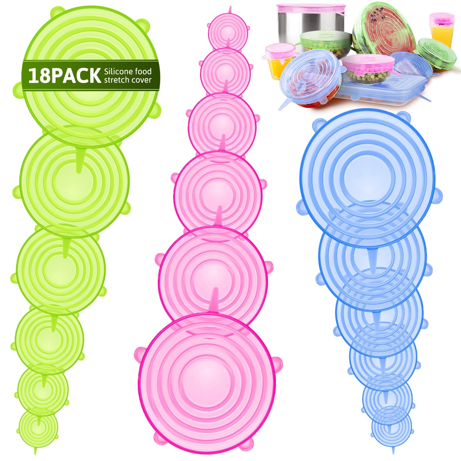 BFONS18 Pack Silicone Stretch Lids, 6 Different Sizes, 100% Safe Food Grade Silicone to Meet Most Container, Microwave Cover for Food Storage, Can/ Bowl Covers
