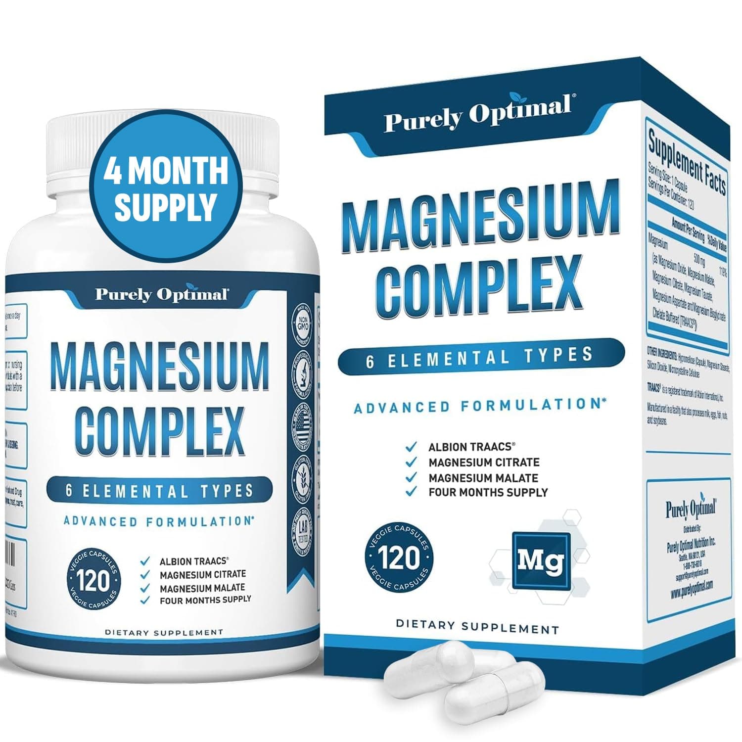 Purely Optimal Magnesium Complex - 6 Forms Magnesium Glycinate, Citrate & Malate - Sleep Support, Stress Relief, Muscles, Heart Health & Relaxation - Magnesium Supplement for Women & Men, 120 Caps