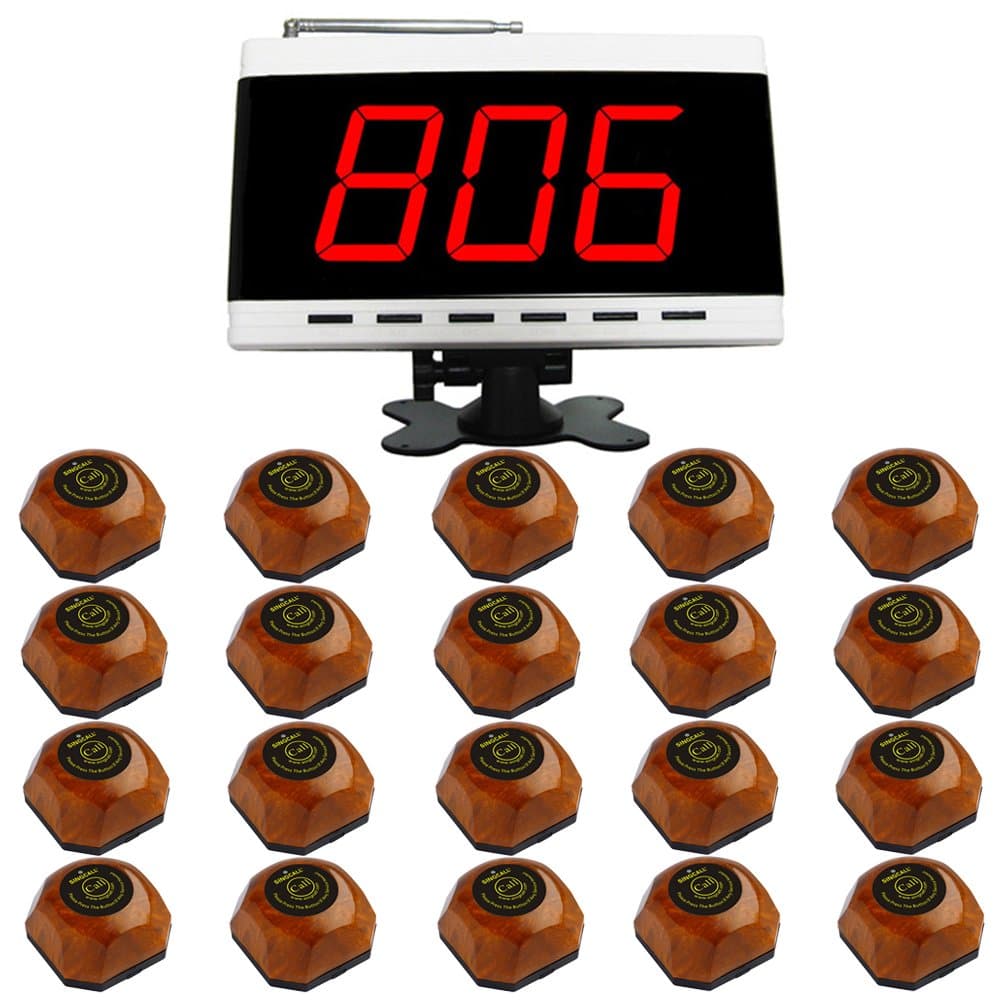 Wireless Restaurant Table Call System, Waiter Caller for Customer Getting Attendant by Pressing a Table Button, Pack 1 Display and 20 Bells