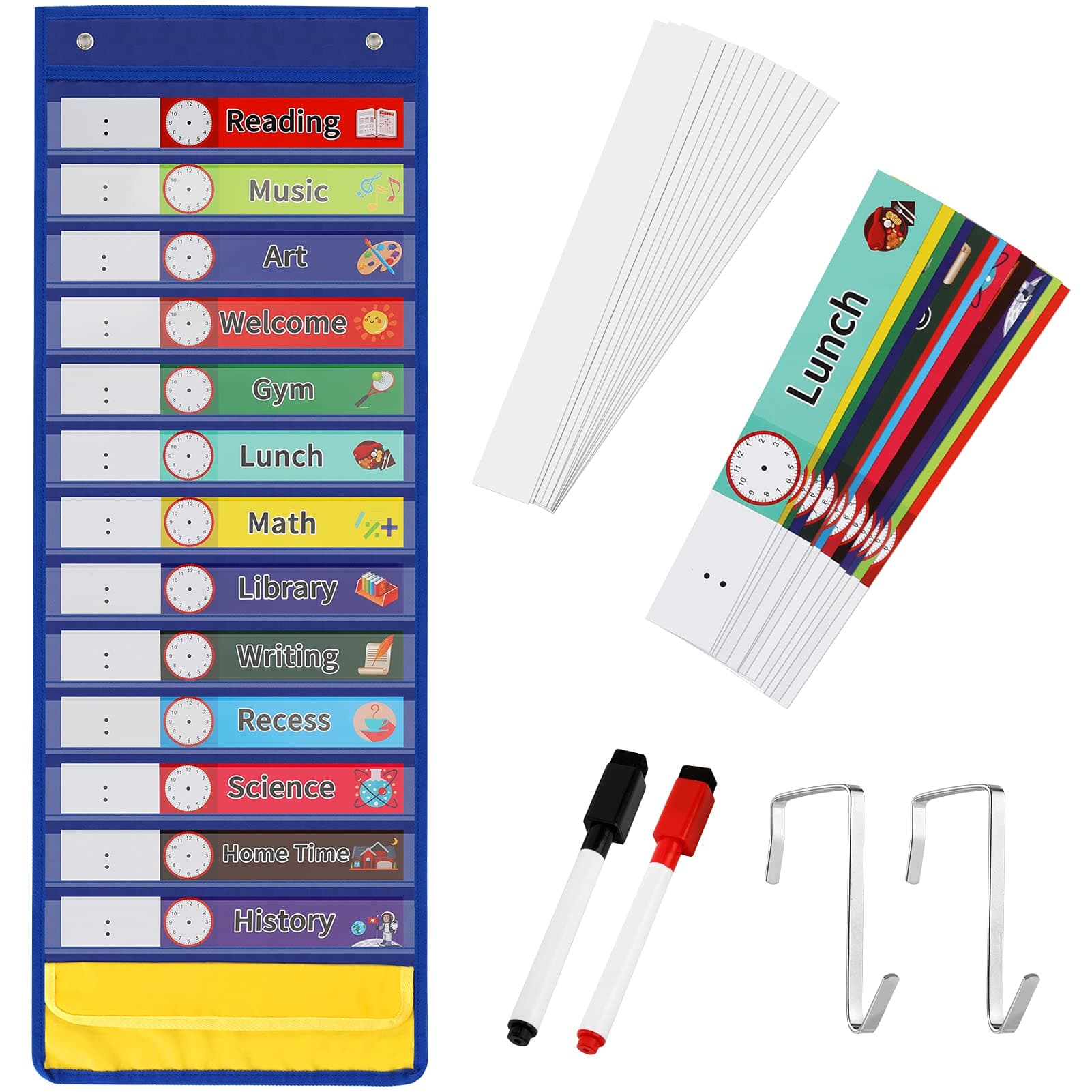 Daily Schedule Pocket Chart, 13+1 Pocket Visual Schedule Chart, 18 Double-Sided Blank Reusable Dry-Eraser Cards, Educational Schedule Charts for Classroom Homeschooling Toddlers（Blue)