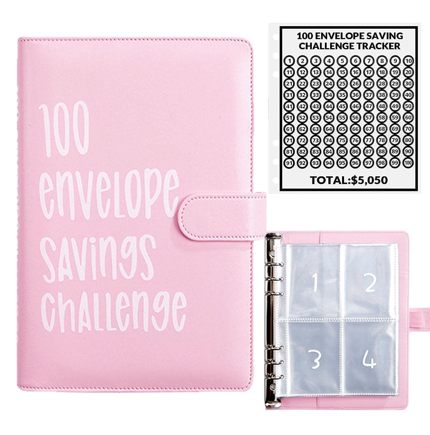 100 Envelopes Money Saving Challenge, 100 Envelope Challenge Binder, Easy and Fun Way to Save $5,050, Savings Challenges Budget Book Binder with Cash Envelopes for Office,Home,School (Pink)