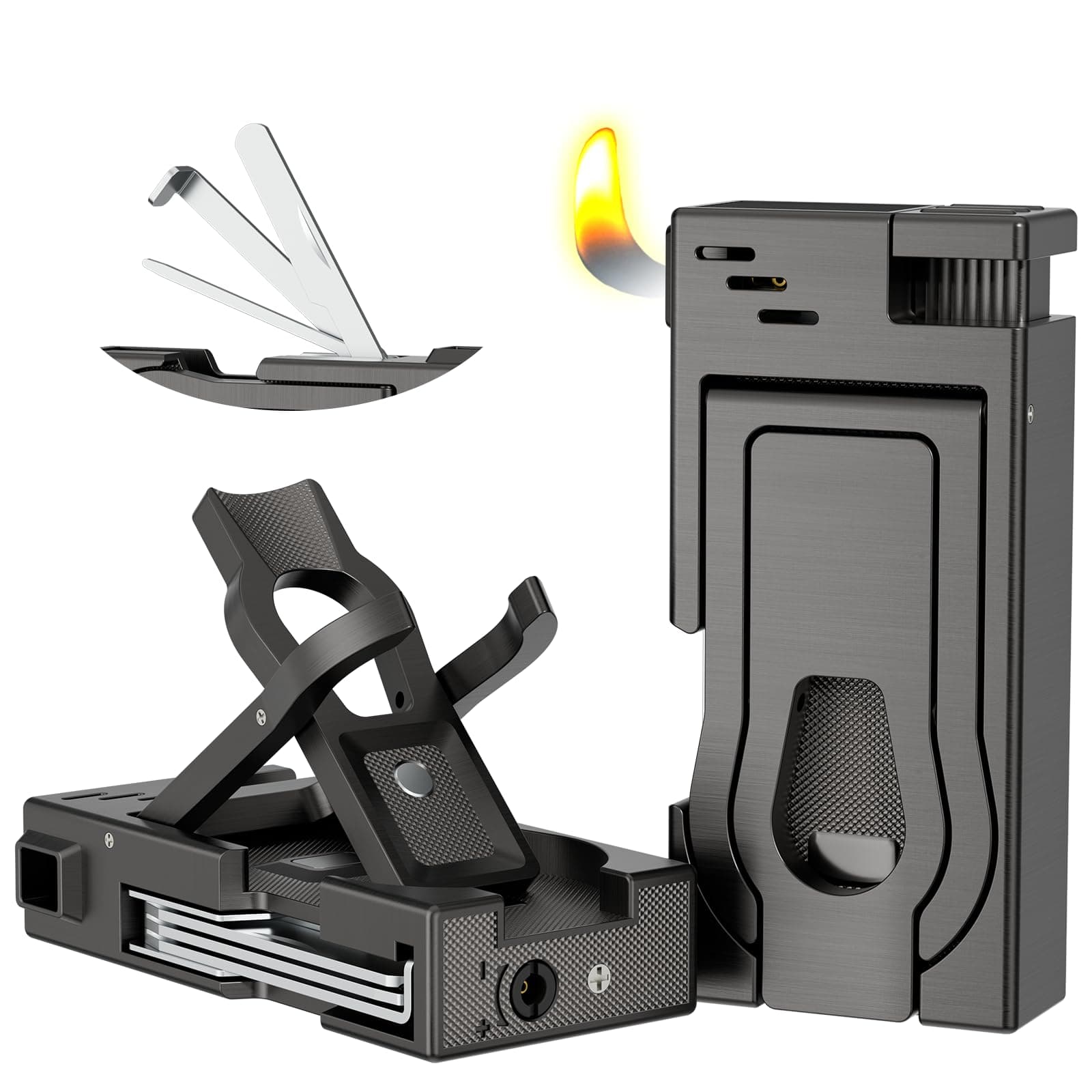 Multifunctional Pipe Torch Lighter, Built-in Pipe Holder, 3 in 1 Cleaning Tools, Refillable Butane Lighter with Angled Soft Flame, Practical Gas Lighter for Pipe Gift