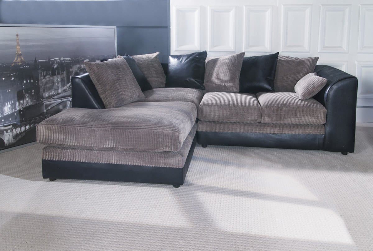 Dilo Dylan Corner Sofa Set optional Footstool (Black & Grey, Left Hand Set)
