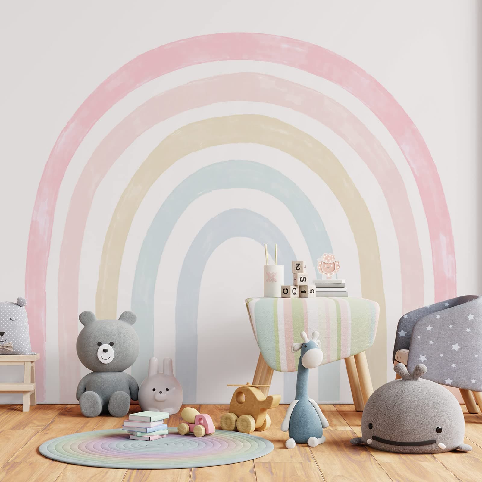 Henoyso 6 Pack 95'' x 83'' Extra Large Rainbow Wall Decals Watercolor Playroom Wall Decals Boho Peel and Stick Vinyl Rainbow Wallpaper Decor for Girls Toddler Bedroom Nursery Living Room(Light Colors)