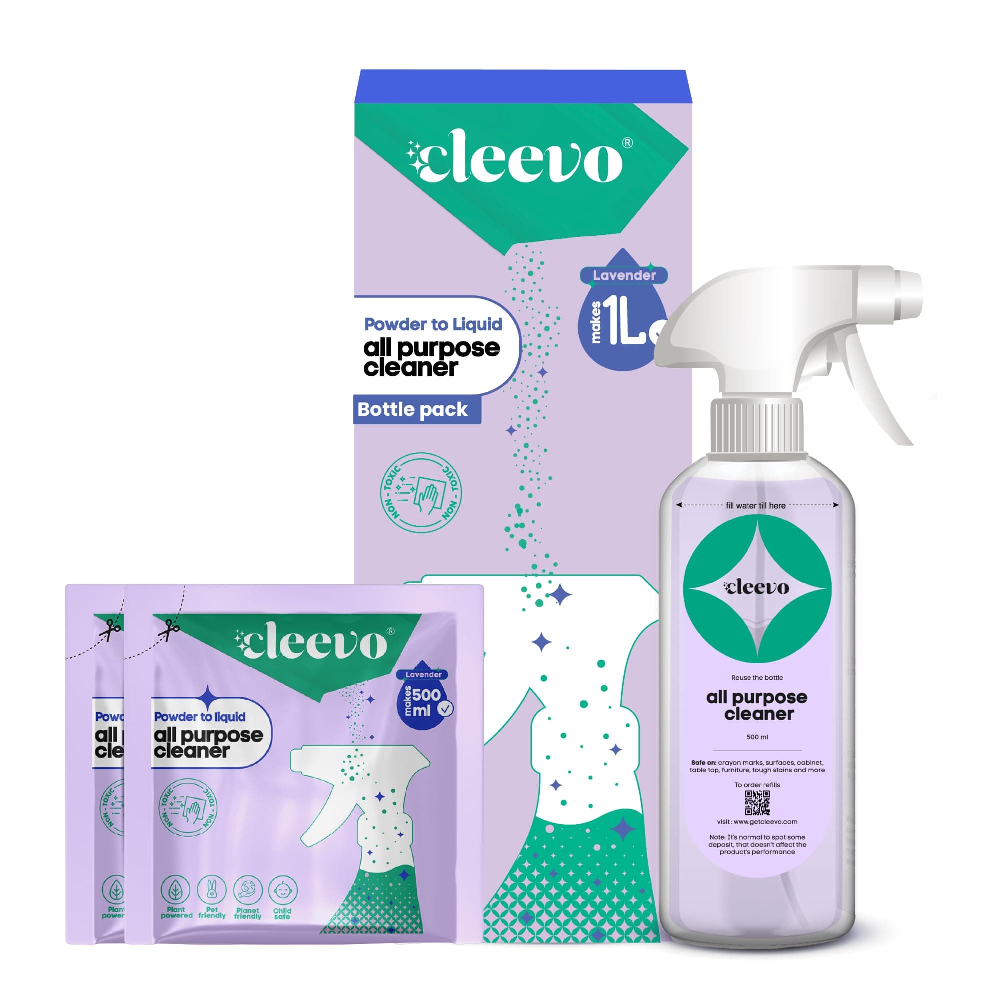 Cleevo All-Surface Cleaner 1L Bottle Pack (2 Sachets makes 1 Litre) |Powder to Liquid | Multi-Surface Stain Remover | Non-Toxic formulation that works on all surfaces (Lavender)