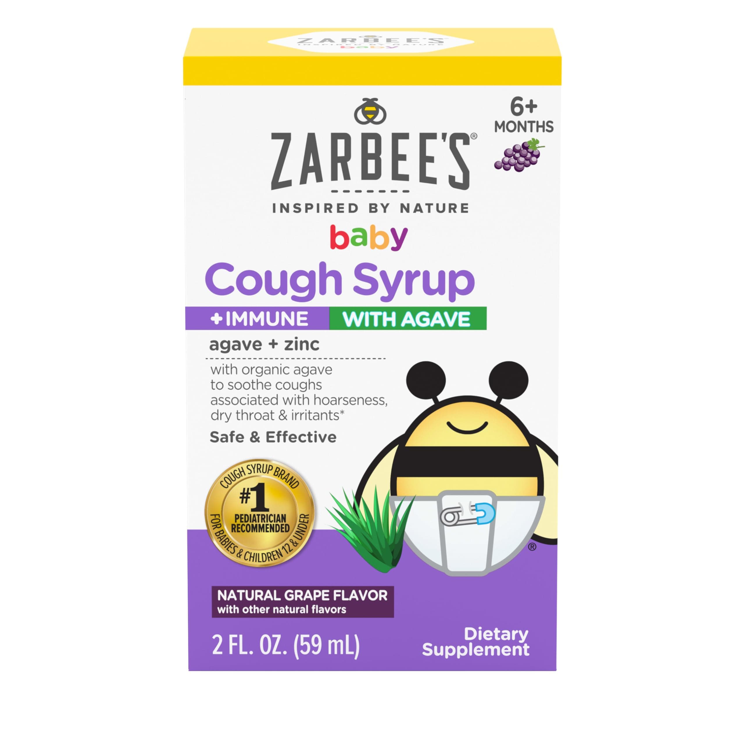 Zarbee's Baby Agave Cough Syrup + Immune for Babies 6+ Months, Safe & Effective with Cough Soothing✝ Organic Agave & Zinc for Immune Support*, Natural Grape Flavor, 2Fl Oz