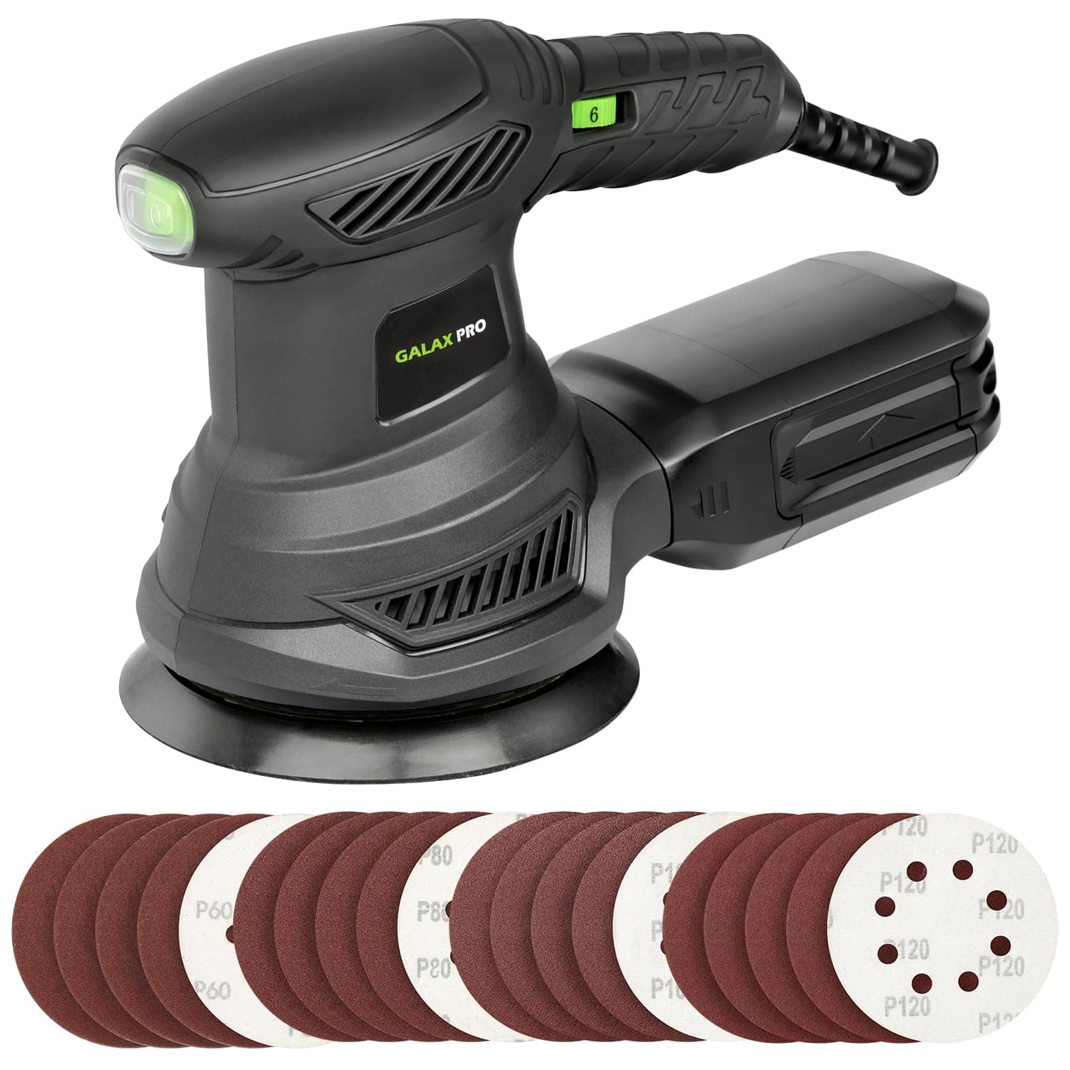GALAX PRO 2.5 A Random Random Orbital Sander, 300 W, Electric Orbital Sander with 6 Different Speed 6000-13000 RPM, 12.5 cm Palm Sander with 20 Sandpaper, 1