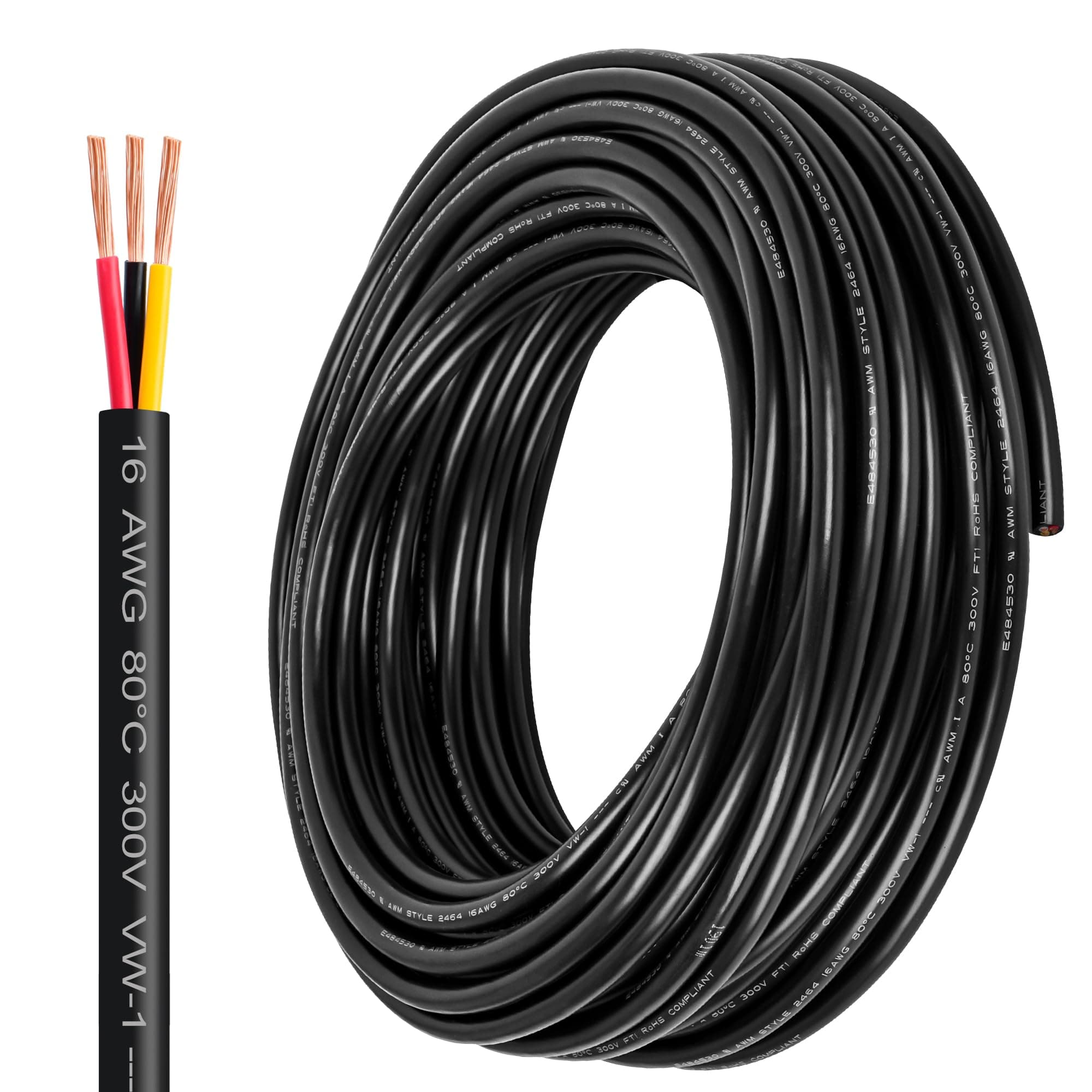 16 Gauge Wire 3 Conductor,16 AWG Electrical Wire Stranded PVC Cord Oxygen-Free Copper Cable,50FT 3 Core Pure Copper Flexible Cable Wire for LED Lamp Lighting Strips Automotive (50FT, 16AWG-3C)…