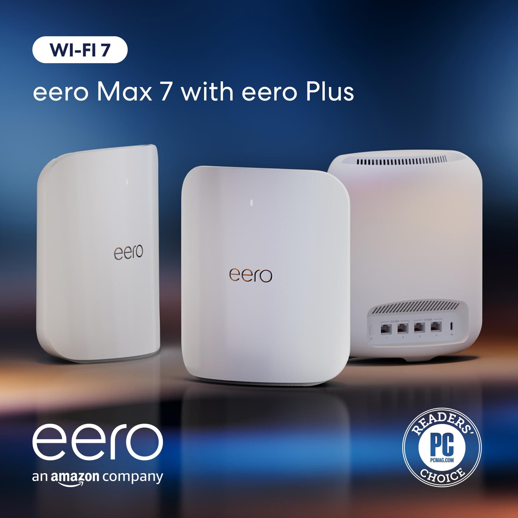 Amazon eero Max 7 mesh wifi system with 1 month free eero Plus (auto-renews) - Supports internet plans up to 10 Gbps, Coverage up to 7,500 sq. ft., Connect 750+ devices, 3-pack