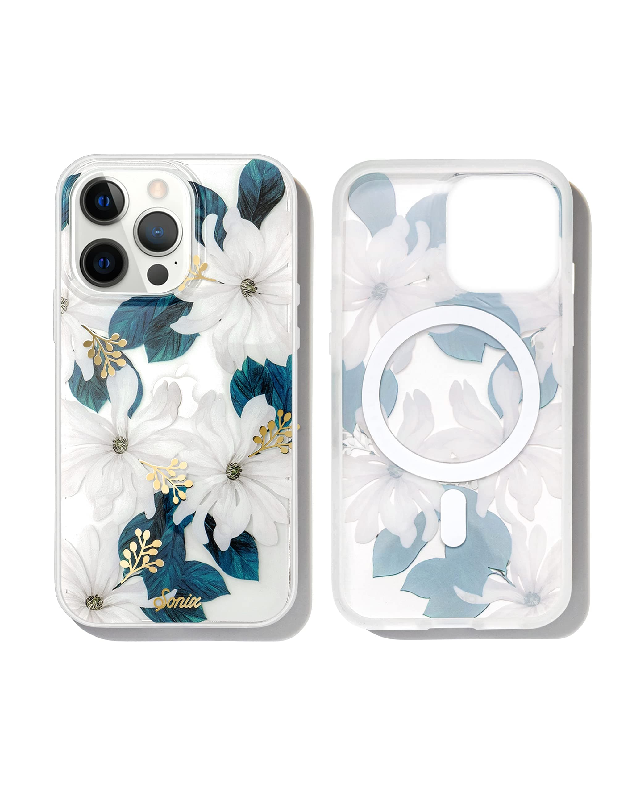 Sonix Phone Case for iPhone 13 Pro Max / 12 Pro Max | Compatible with MagSafe | 10ft Drop Tested | White Flower Print with Gold Foil | Delilah