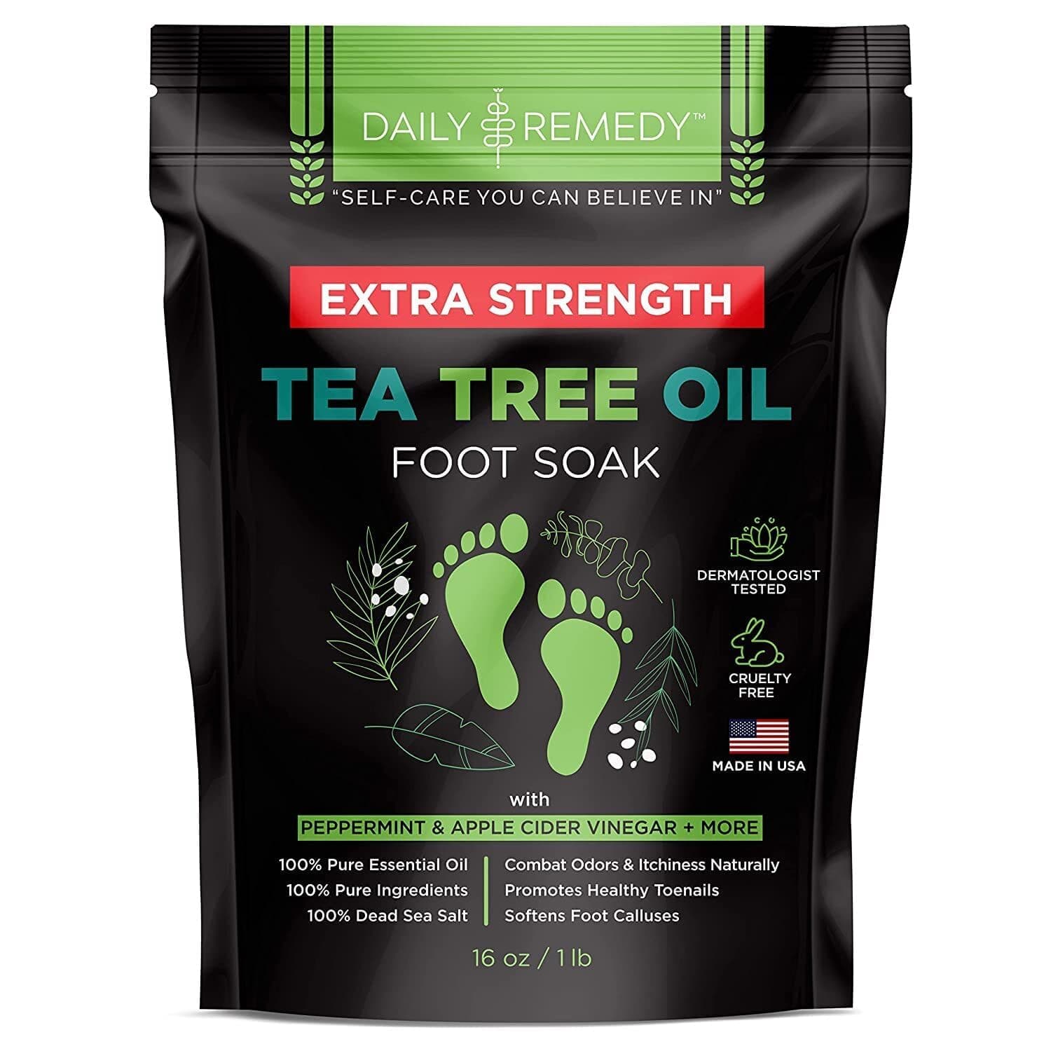 - EXTRA STRENGTH Tea Tree Oil Foot Soak w/ Epsom Salt Made in USA Toenails，Athlete's Foot，Itchy Feet，Stubborn Smelly Foot Odor，Pedicure Calluses & Soothes Sore Tired Achy Feet 16 oz，Black