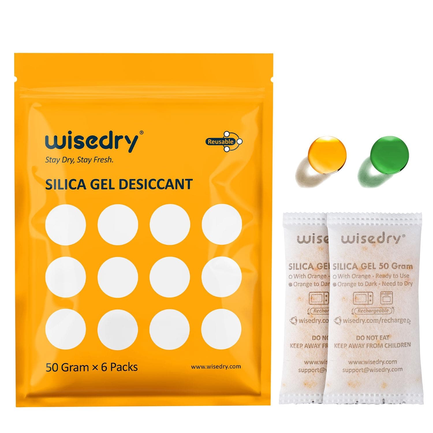 wisedry 50 Gram [6 Packs] Rechargeable Silica Gel Desiccant Packets Desiccant Bags Orange to Green indicating for Air Dryer Moisture Removal, Food Grade