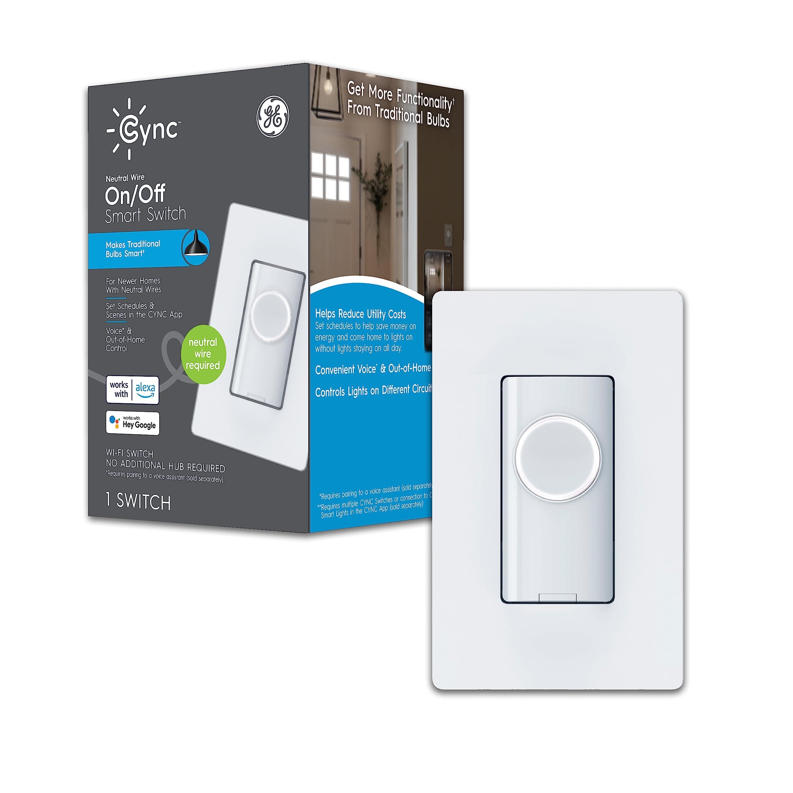 C by GE 4-Wire On/Off Button Style Smart Switch with Bluetooth and Wi-Fi, Neutral Wire Required, Alexa and Google Home Compatible Without Hub, 1-Pack (Packaging May Vary)