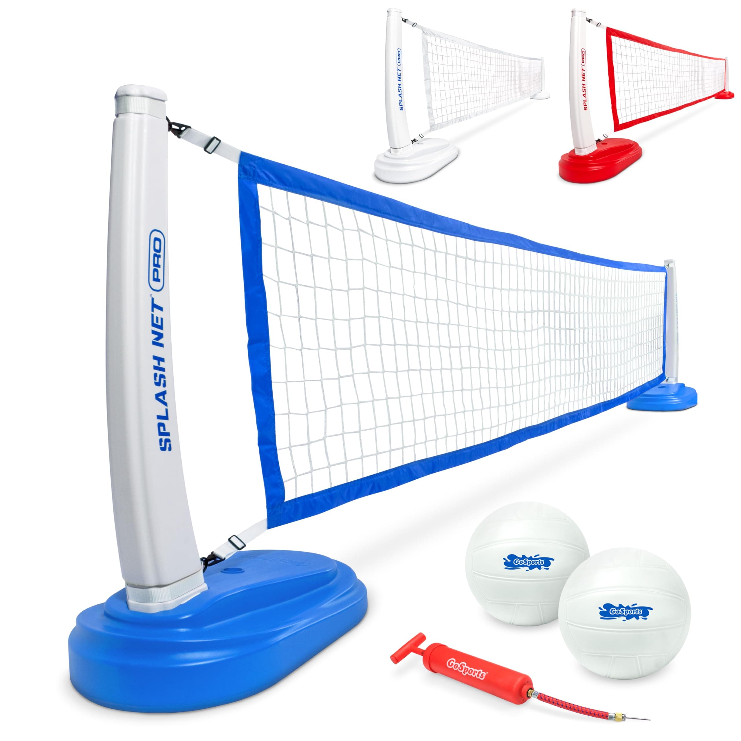 Splash Net PRO Pool Volleyball Net - Red, White, or Blue - Includes 2 Water Volleyballs and Pump