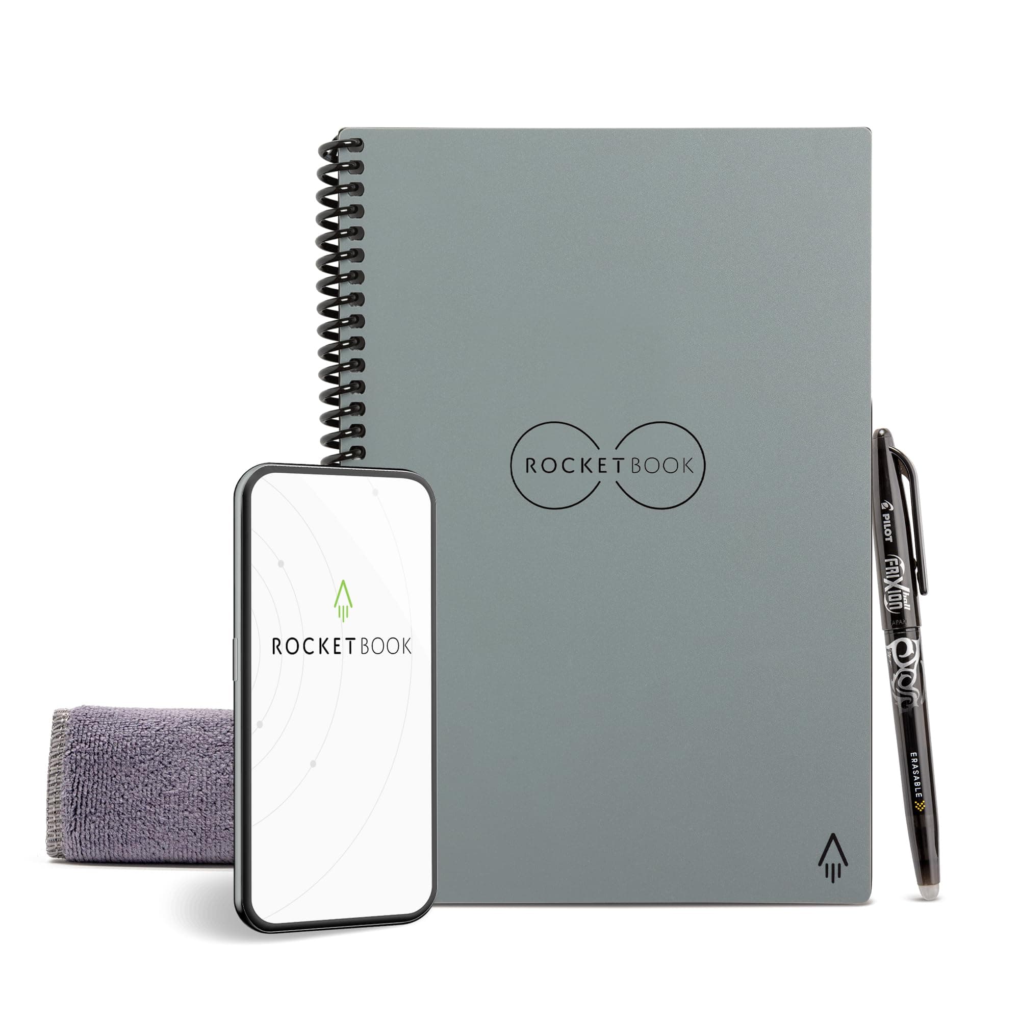 RocketbookReusable Digital Notebook - Smart Notepad A5 Grey - Wirebound Note Book To Do List Pad, Dotted Paper with Frixion Erasable Pen and Wipe, Office Gadget App Reduce Paper Waste