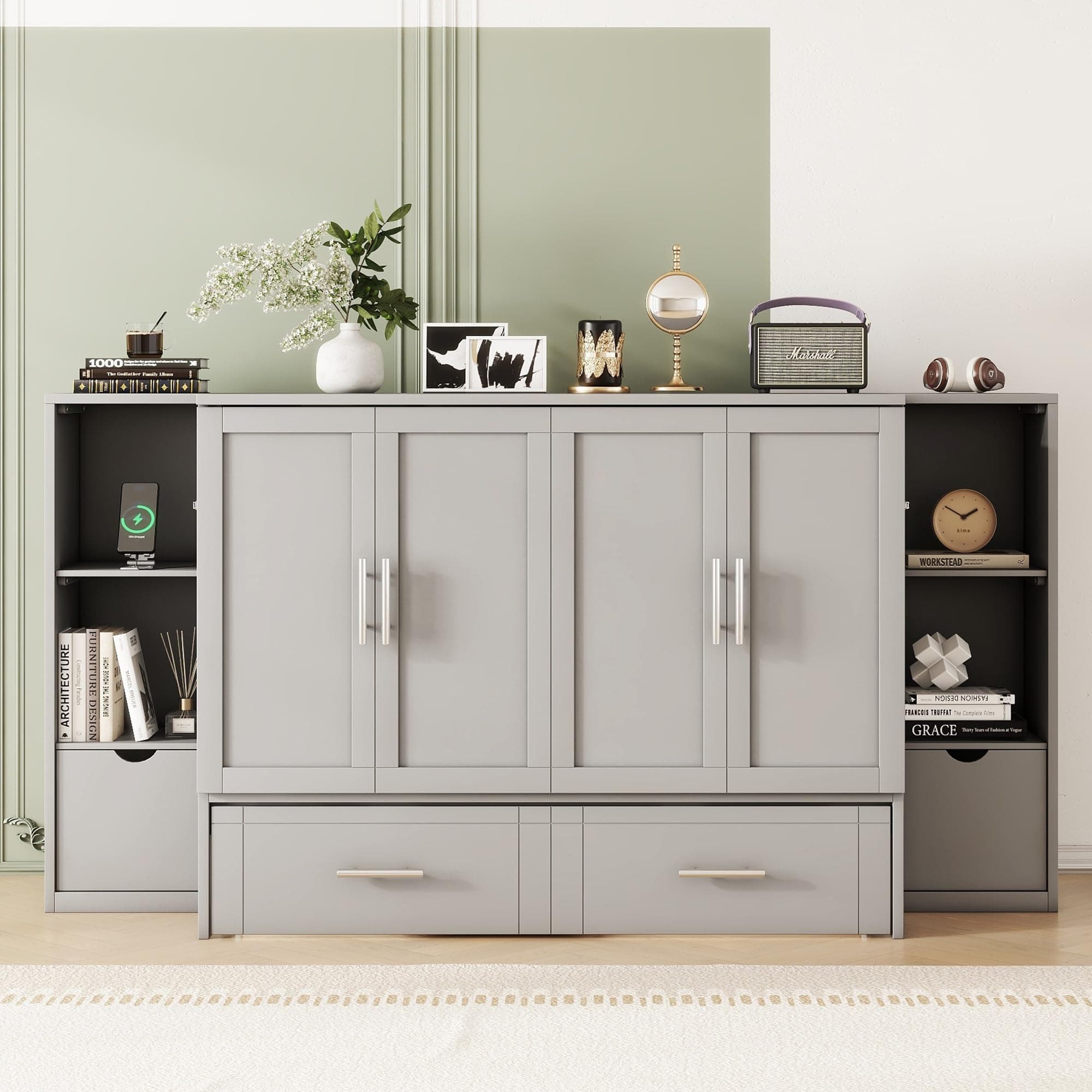 Full Size Murphy Bed with Bookcase on Each Side, Solid Wood Mobile Murphy Chest Bed with Drawers and USB Ports, Modern Platform Murphy Bed for Guest Room Home Office (Gray-N7)