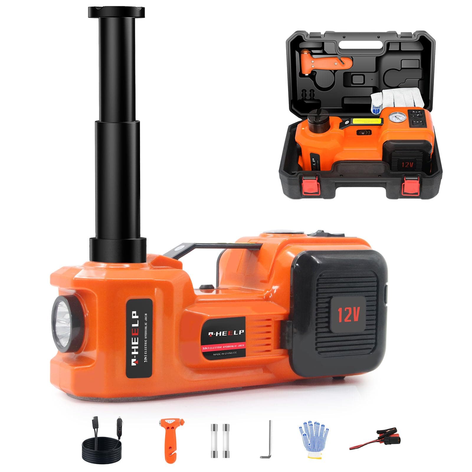 E-HEELP Electric Car Jack 5Ton 12V Kit Hydraulic (Lifting Range: 6.1~17.7 inch) with Inflator Electric Jack for Car SUV Sedan MPV Change Tires Garage Repair Emergency Kit