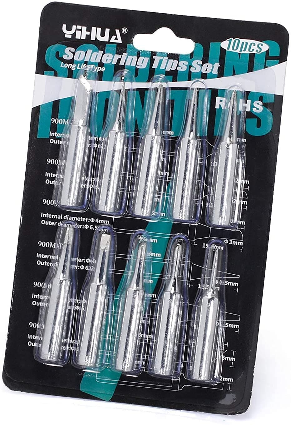 YIHUA #1200 Soldering Iron Tips Set 10PCS (900M-T-1C, 2C, 3C, 1.2D, 1.6D, 2.4D, 3.2D, I, B, K) Fit for YIHUA SGS Certified Lead-Free 900M Soldering Tips