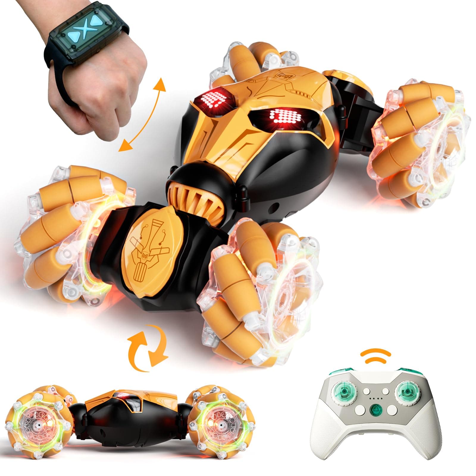 Gesture Sensing RC Car Hand Controlled Remote Control LED Car Toys for Kids 8-12 Years Old, 2.4GHz 4WD Double Sided 360° Flips Off Road Vehicle Toys w/Lights&Music, Boys Grils Brithday Gift