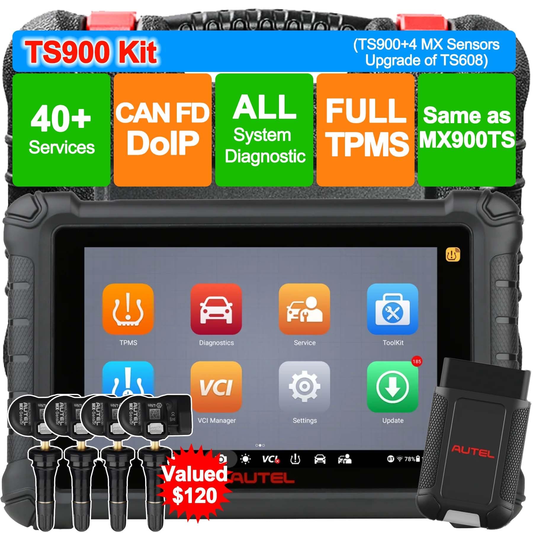 AutelMaxiTPMS TS900 TPMS Programming Tool w/ $120 4PCS MX-Sensors, Full TPMS as MP900TS, Up of TS508WF Kit TS608 MX900 MX808, All System Diagnostic Scanner, Bidirectional Scan Tool, 40+ Services