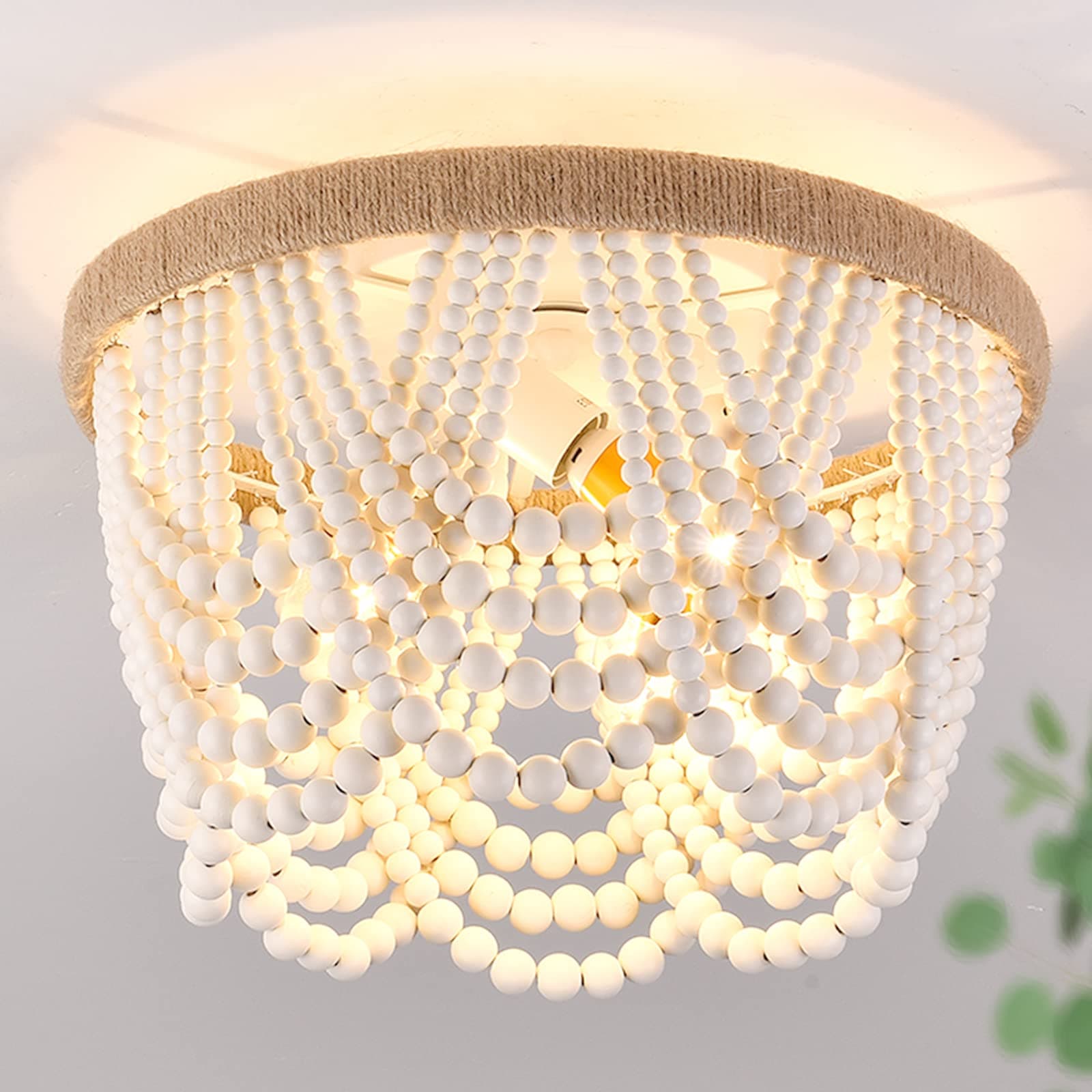 Capslpad Wood Beaded Flush Mount Ceiling Light Antique Rustic Mini Chandelier 3-Light White Boho Light Fixture for Dining Room,Nursery Room,Bedroom,Girl Room,Hallway,Entryway,Passway