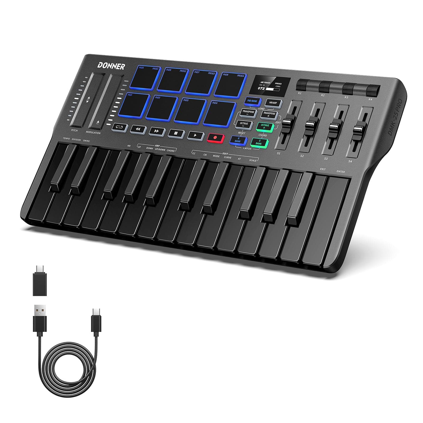 DMK-25 Pro MIDI Keyboard Controller, Portable USB-C MIDI Keyboard with 25 Mini Keys, 8 Drum Pads, OLED Display, Personalised Touch Bar, Music Production Software and 40 Learning Courses