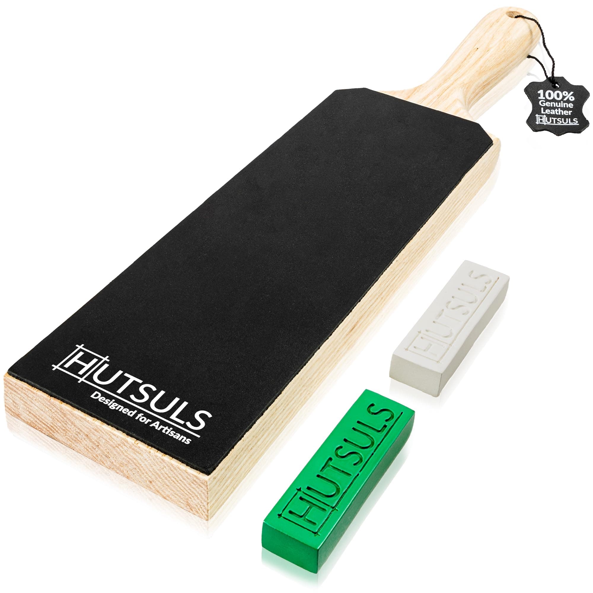 Hutsuls Leather Strop for Knife Sharpening - Get Razor-Sharp Edges with 3" x 9" Double Sided Paddle Strop Block, Easy to Use Knife Strop with Ergonomic Handle & Stropping Leather Knife Sharpener Guide